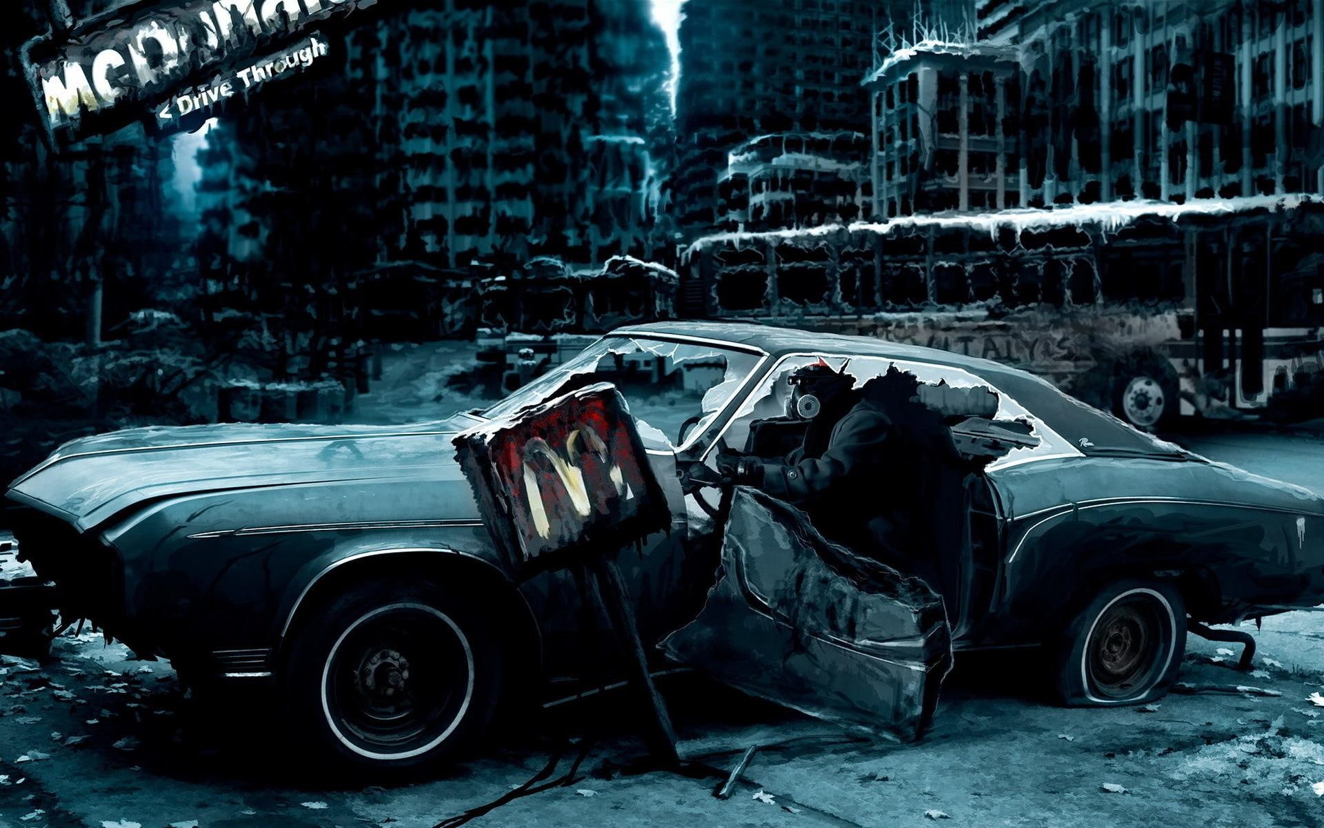 cars, fantasy, drawings, drawing, phrases, car, broken, a city, a car, 1080P, night, postapocalyptic, HD Wallpaper
