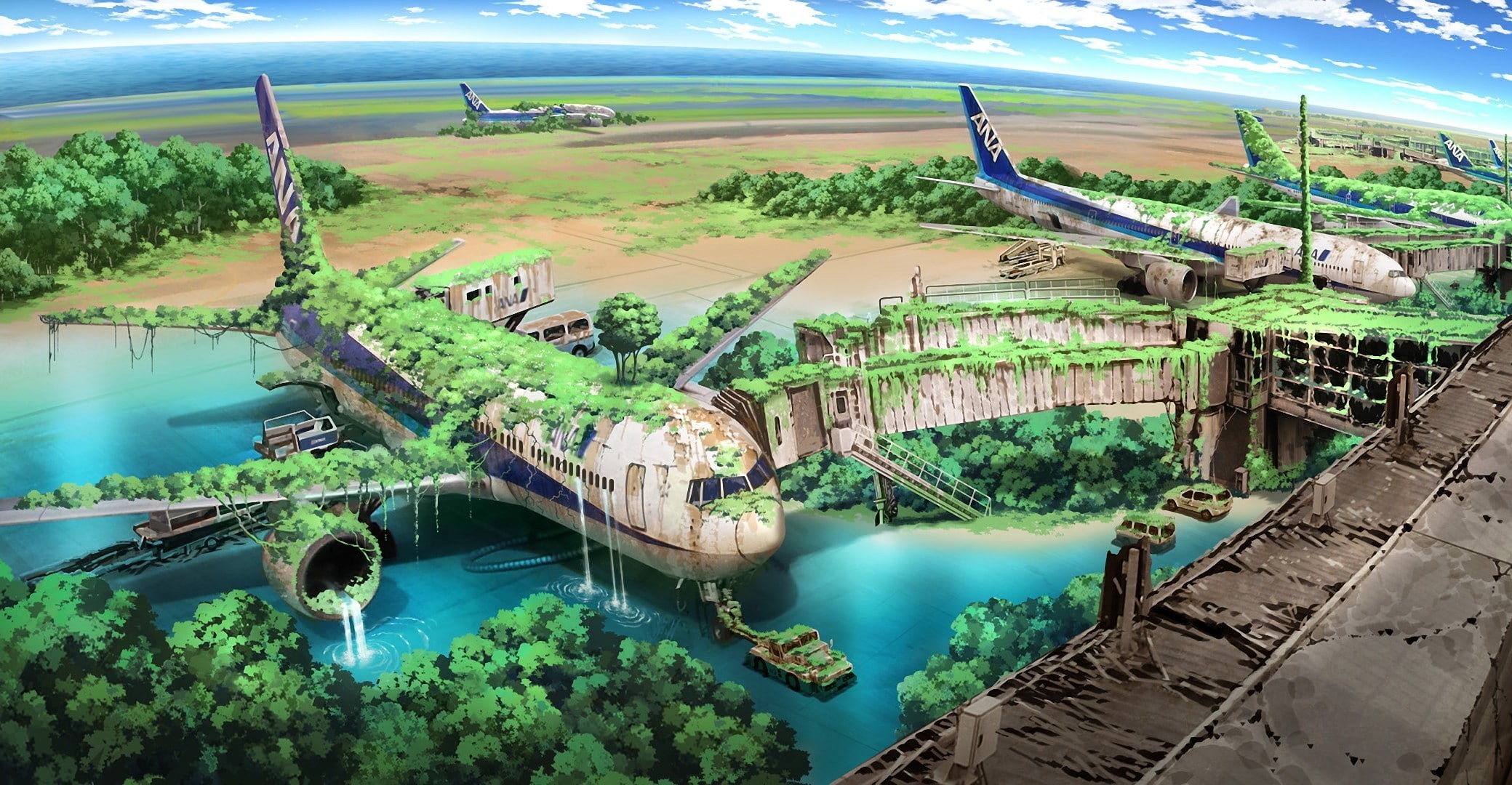 1080P, nautical vessel, painting, the ruins, airport, river, bridge, aircraft, no people, outdoors, green color, bridge - man made structure, tree, postapocalyptic, HD Wallpaper