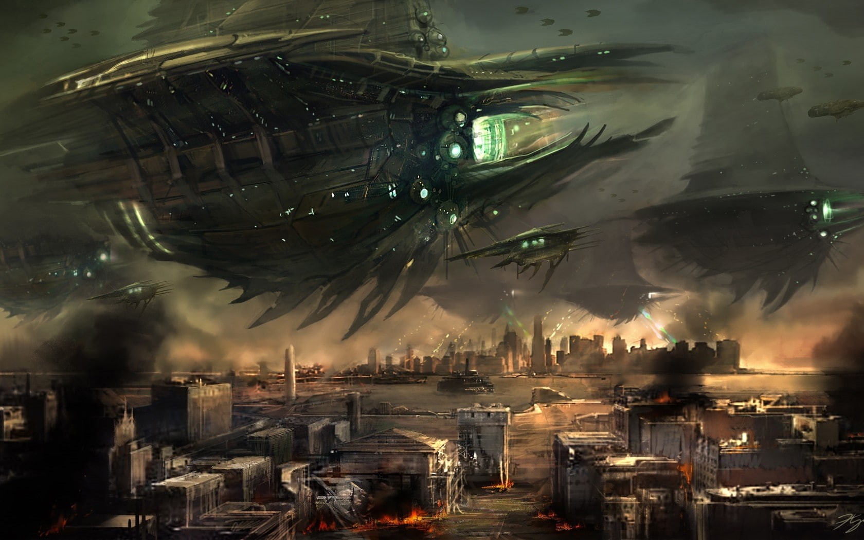 skies, resistance, games, art, nature, sky, cityscapes, Video Games, postapocalyptic, 720P, vehicles, futuristic, burning, spaceships, hd, video, HD Wallpaper