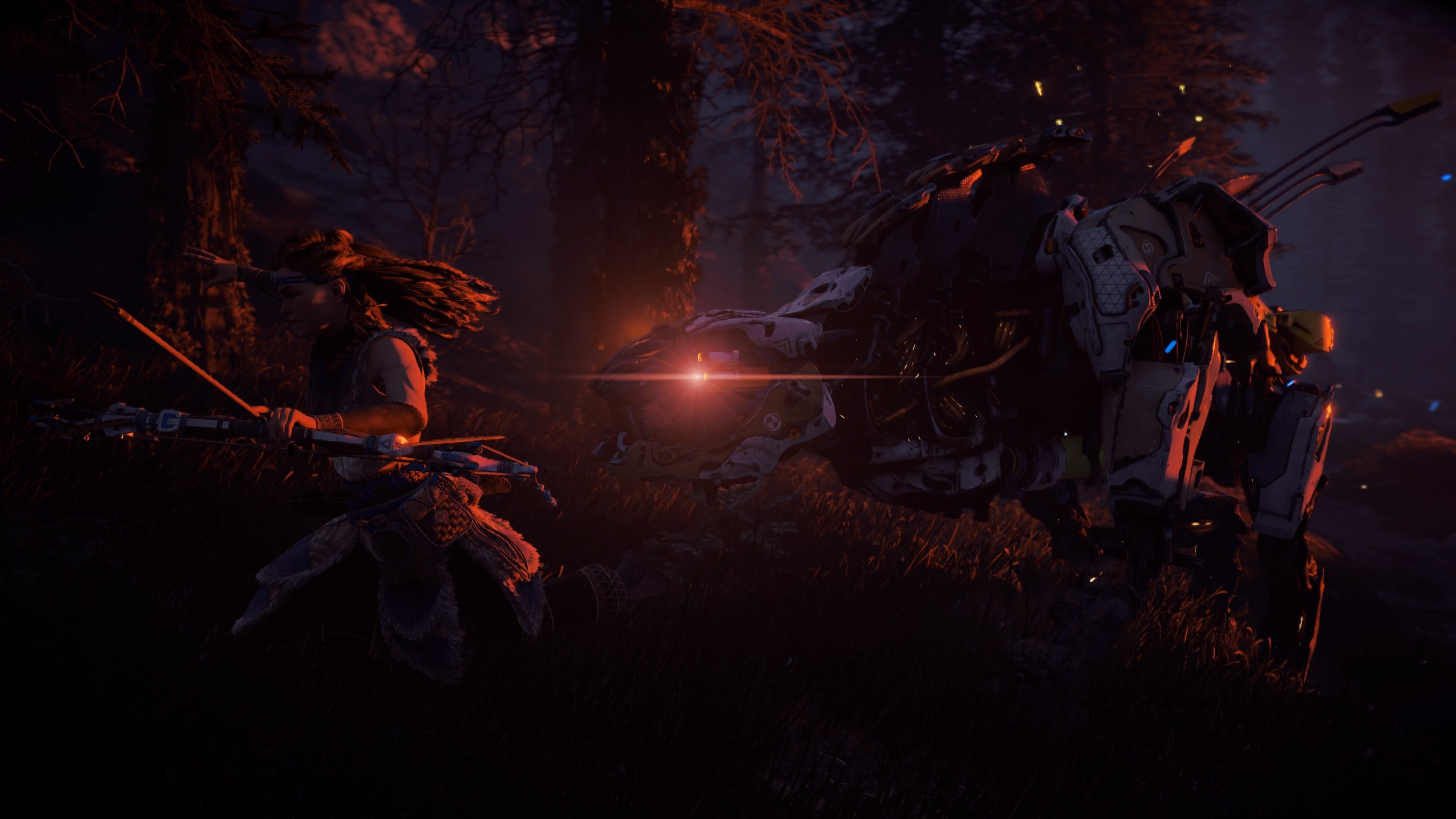 campfire, video game characters, PlayStation 4, full length, forest, gray, bonfire, land, adult, gamers, flame, 4K, Aloy (Horizon: Zero Dawn), HD Wallpaper