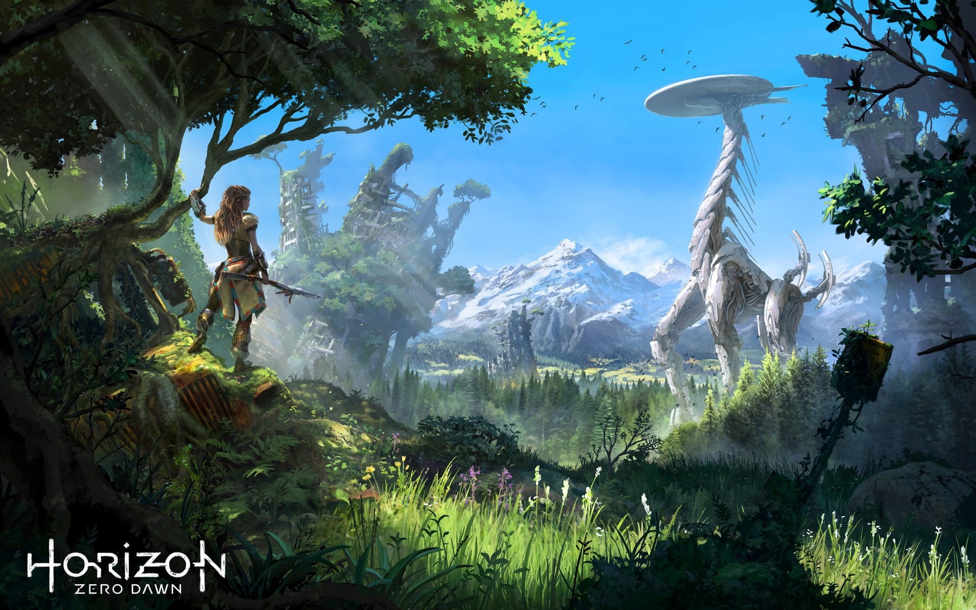 digital, tranquil scene, tranquility, Horizon: Zero Dawn, sky, full length, tree, Games, mountain, lifestyles, one person, beauty in nature, plant, leisure activity, HD Wallpaper