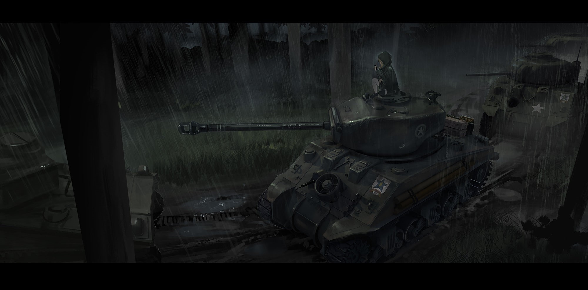 1080P, M4 Sherman Fury, anime girls, Girls und Panzer, forest, tank, rain, anime, HD Wallpaper