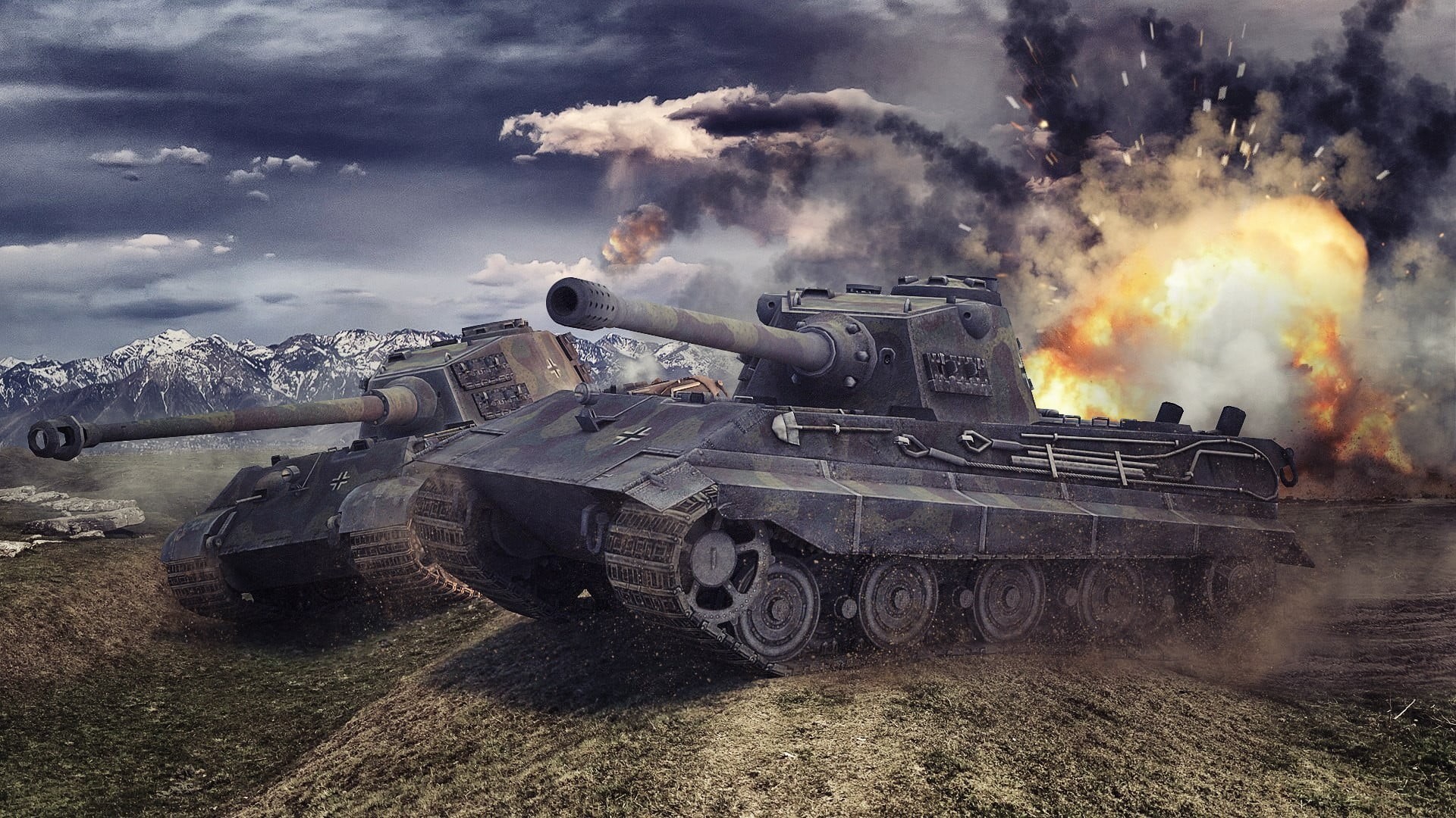 aggression, battle, military, army, World of Tanks, E-75, transportation, day, Tiger II, shooting a weapon, outdoors, tank, conflict, armored tank, motion, HD Wallpaper