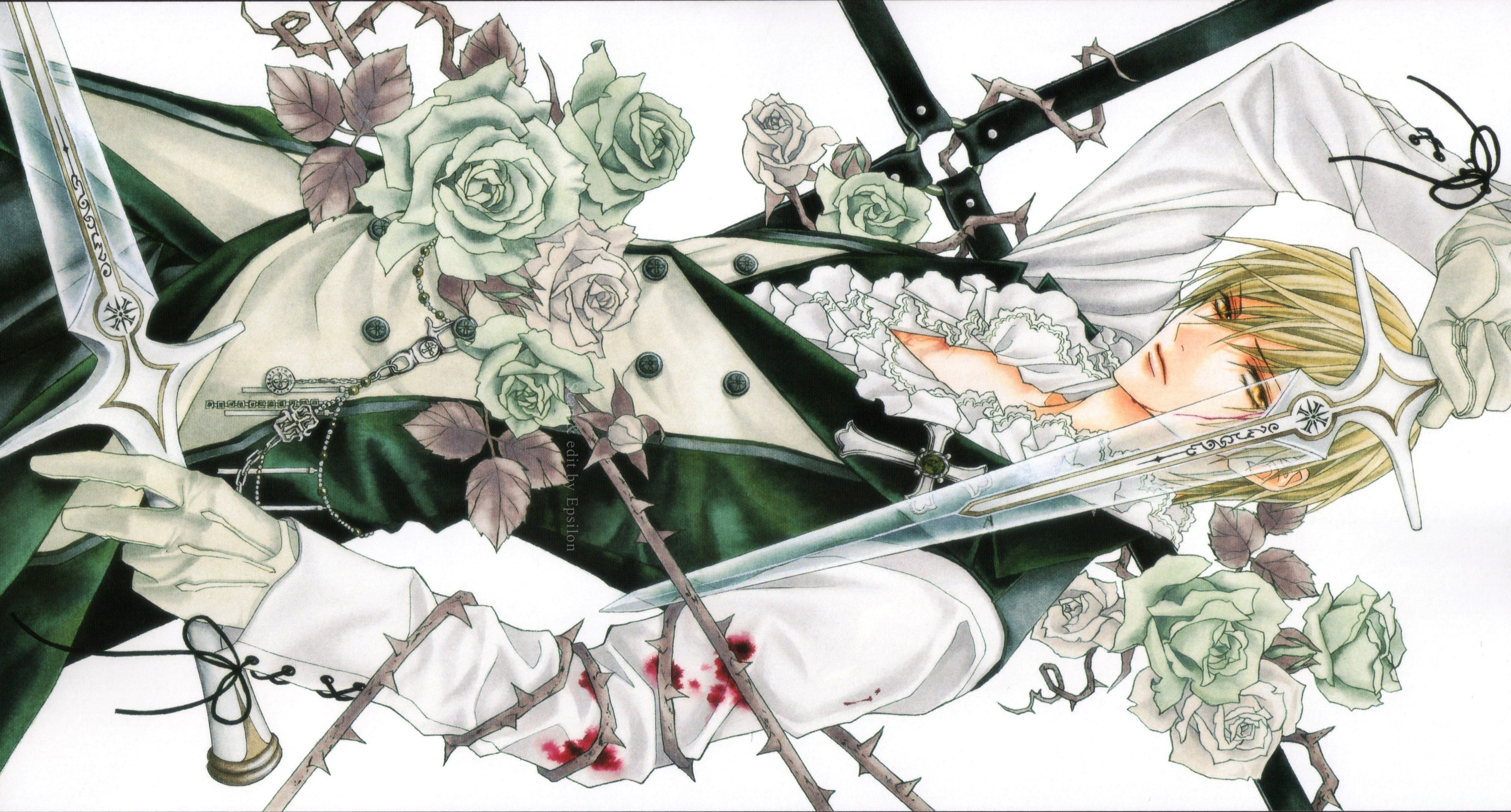ura of the bok no pliable who wo shitteiru, stems with thorns, betrayal knows my name, blood, hotaru odagiri, Usui Shuusei, white shirt, sword, art, 4K, HD Wallpaper