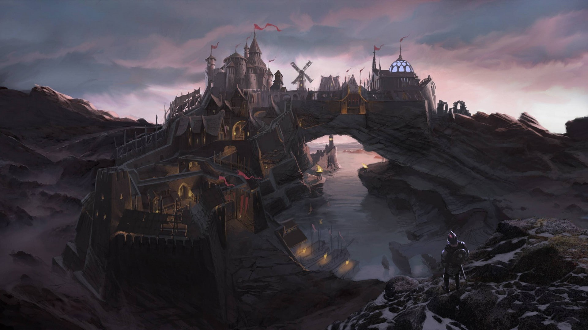 transportation, 1080P, fantasy art, dusk, video games, sunset, sky, building exterior, connection, nature, tourism, city, beauty in nature, the past, history, HD Wallpaper