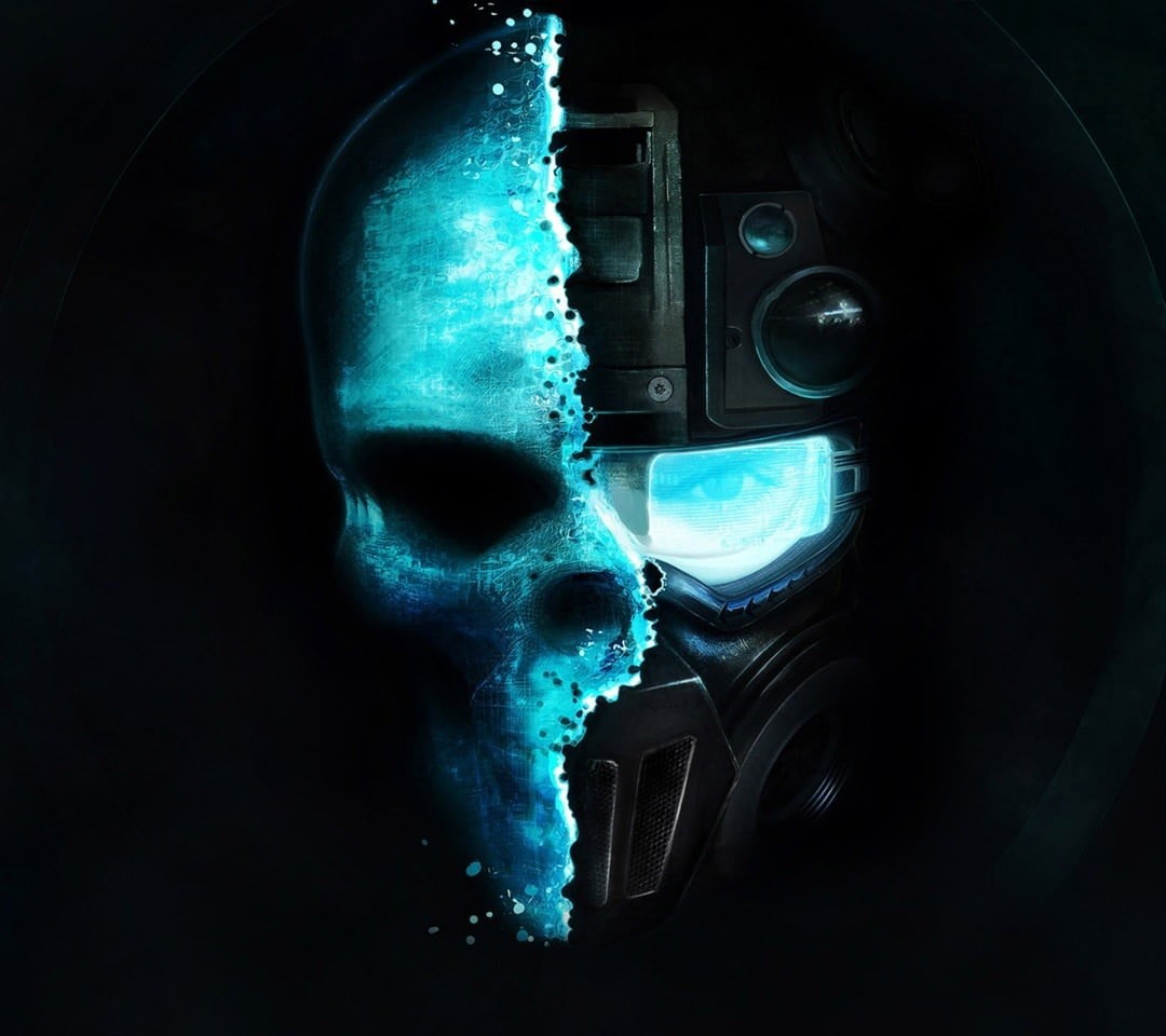 human face, robot, indoors, Tom Clancys Ghost Recon, black background, technology, artwork, blue background, video games, motor vehicle, skull, adult, digital art, HD Wallpaper
