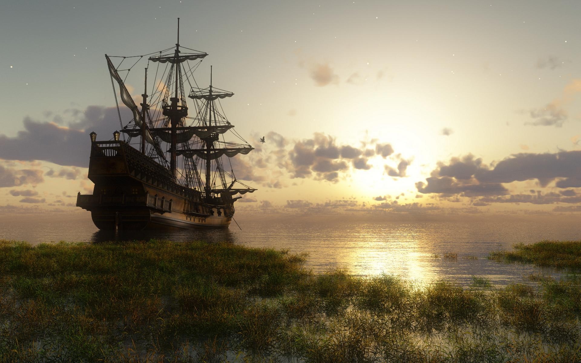 coast, ship, 1080P, clouds, landscape, boats, sunset, sailship, HD Wallpaper