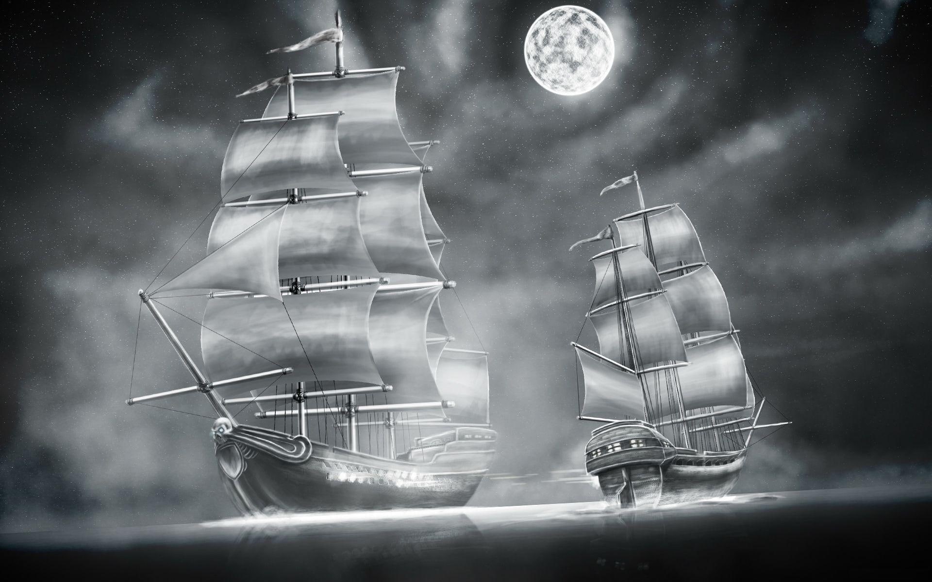 sailships, 1080P, clouds, black-and-white, moonshine, moon, sailing, HD Wallpaper