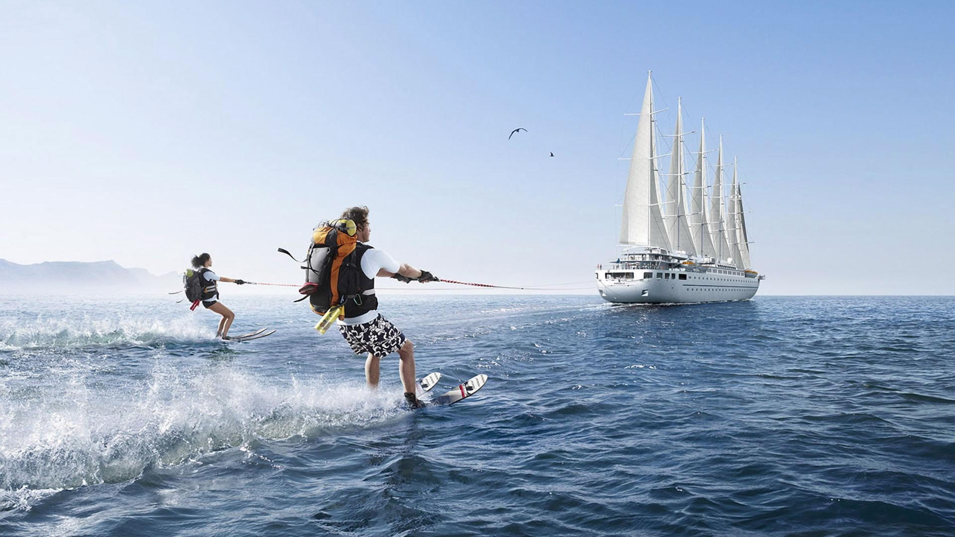 skis, hd, boat, 1080P, water, sailship, sails, waterski, ski, sea, HD Wallpaper