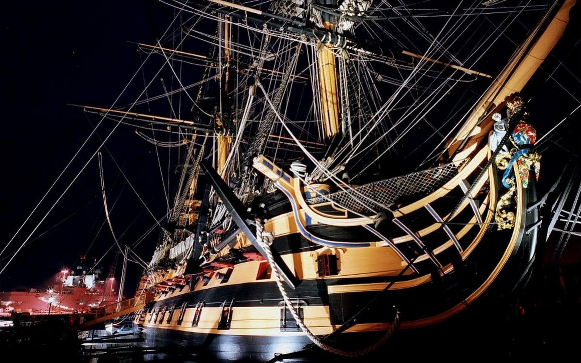 ropes, beige, harbor, 1080P, ship, red, night, pirate, warship, canons, boats, ancient, water, sailship, black, HD Wallpaper
