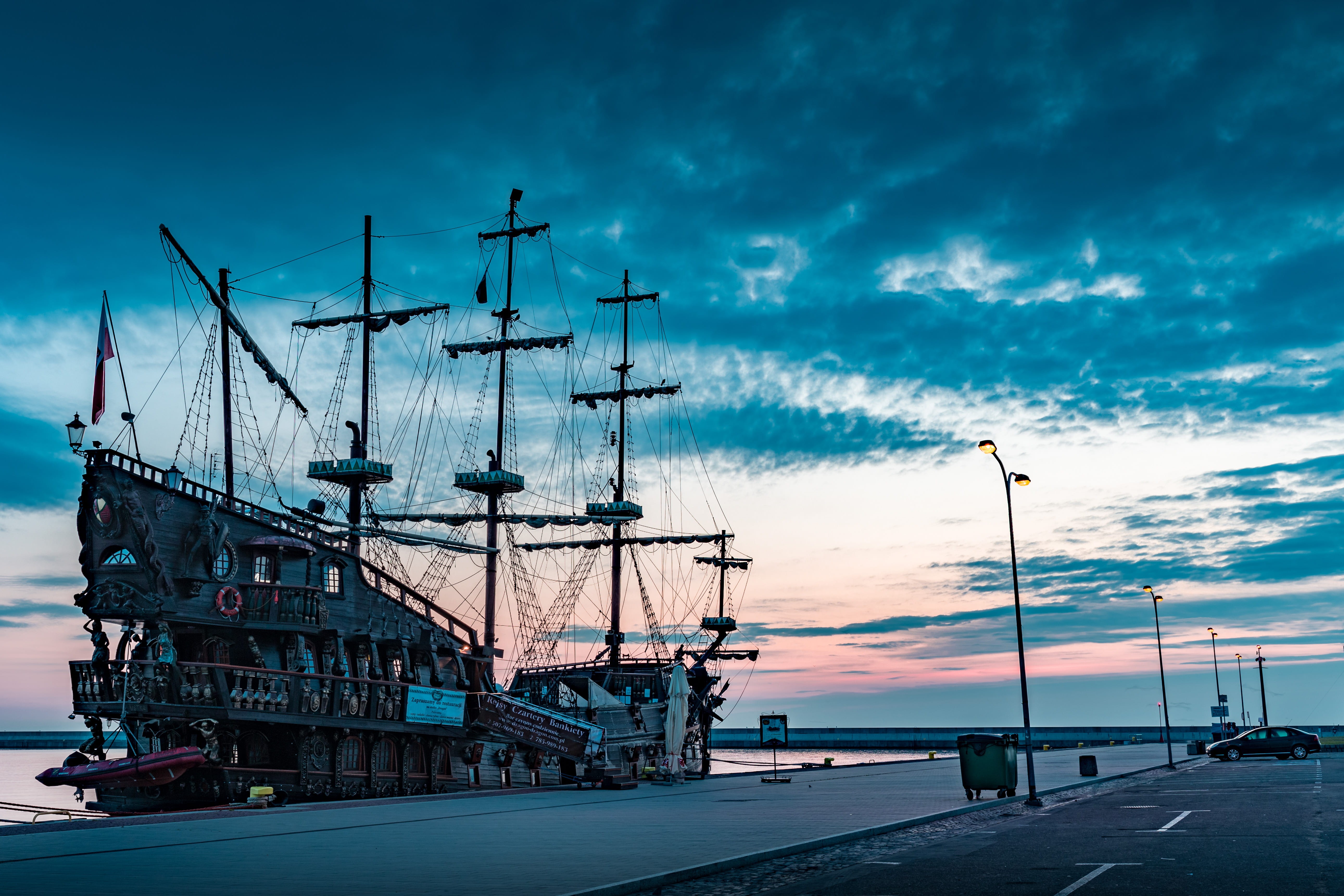 photo, deck, pirate, transportation, silhouette, dusk, outdoors, nautical vessel, sea, no people, 5K, galleon, harbor, water, sky, sunset, pier, industry, HD Wallpaper