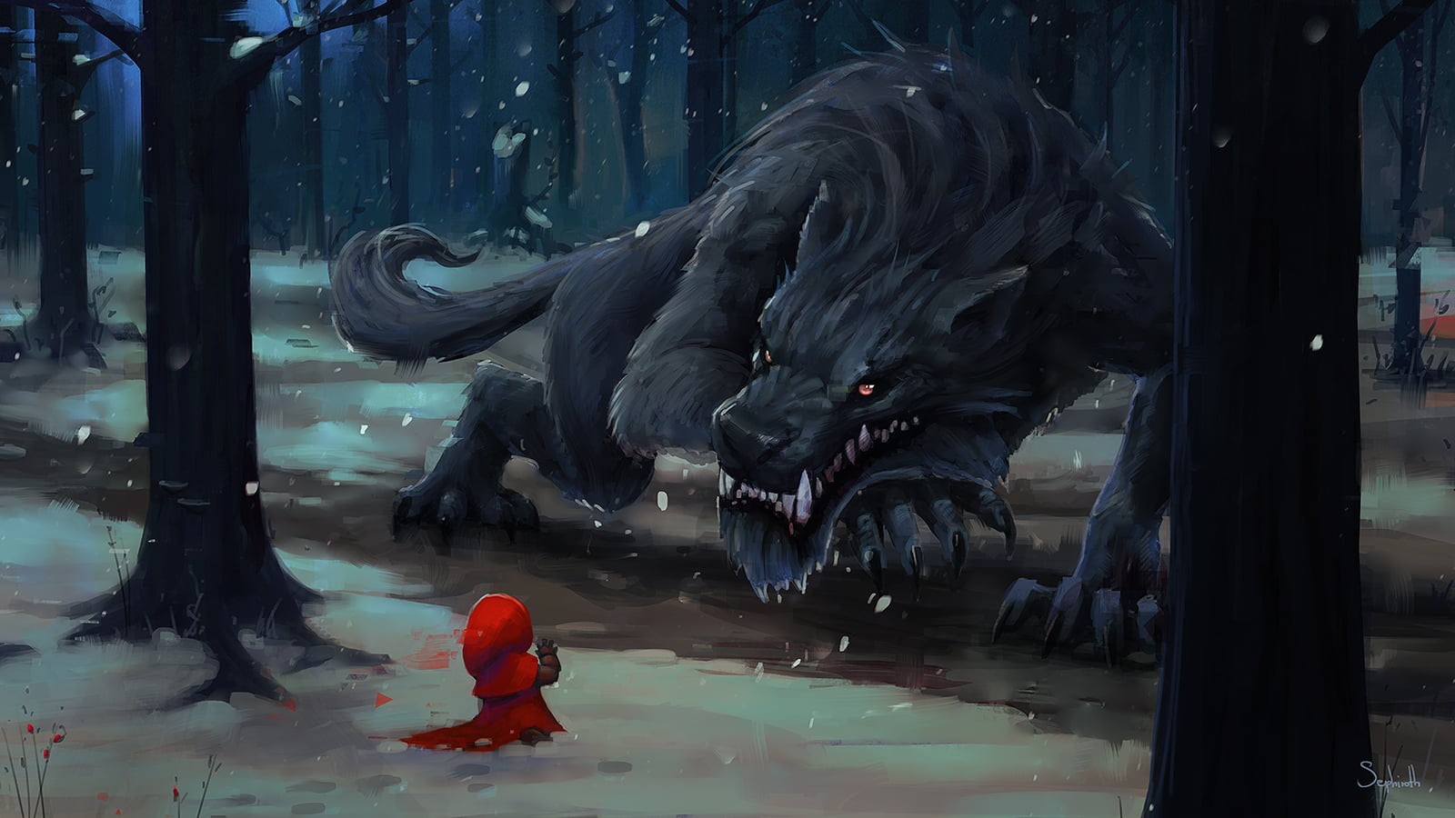 forest, reflection, snow, hood, craft, wolf, little, statue, red, representation, animal wildlife, illustration, fangs, winter, human representation, fairy tale, HD Wallpaper