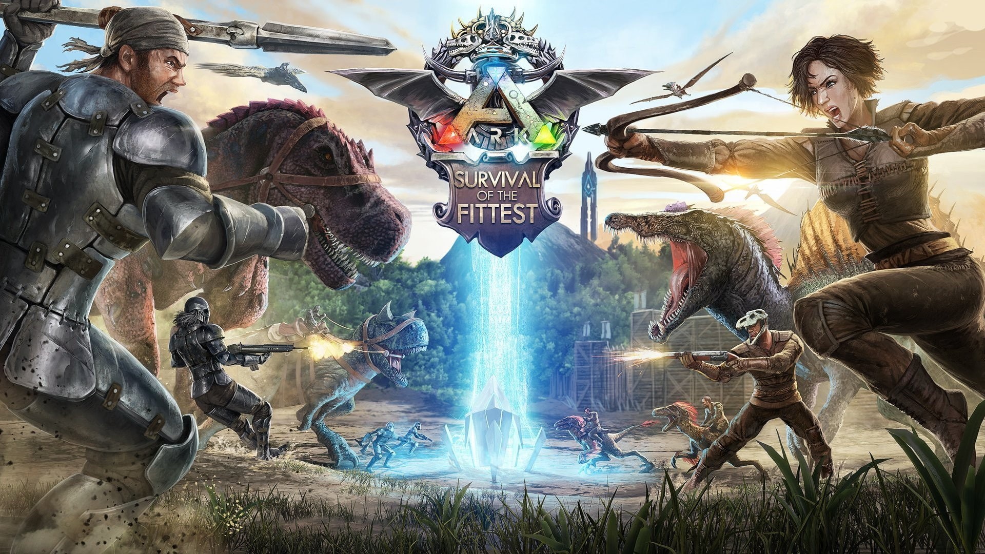 montain, dinosaurs, fight, girl, prehistoric animals, laser, bones, woman, blade, base operations, base advanced base, sake, battlefield, spear, bow, war, HD Wallpaper