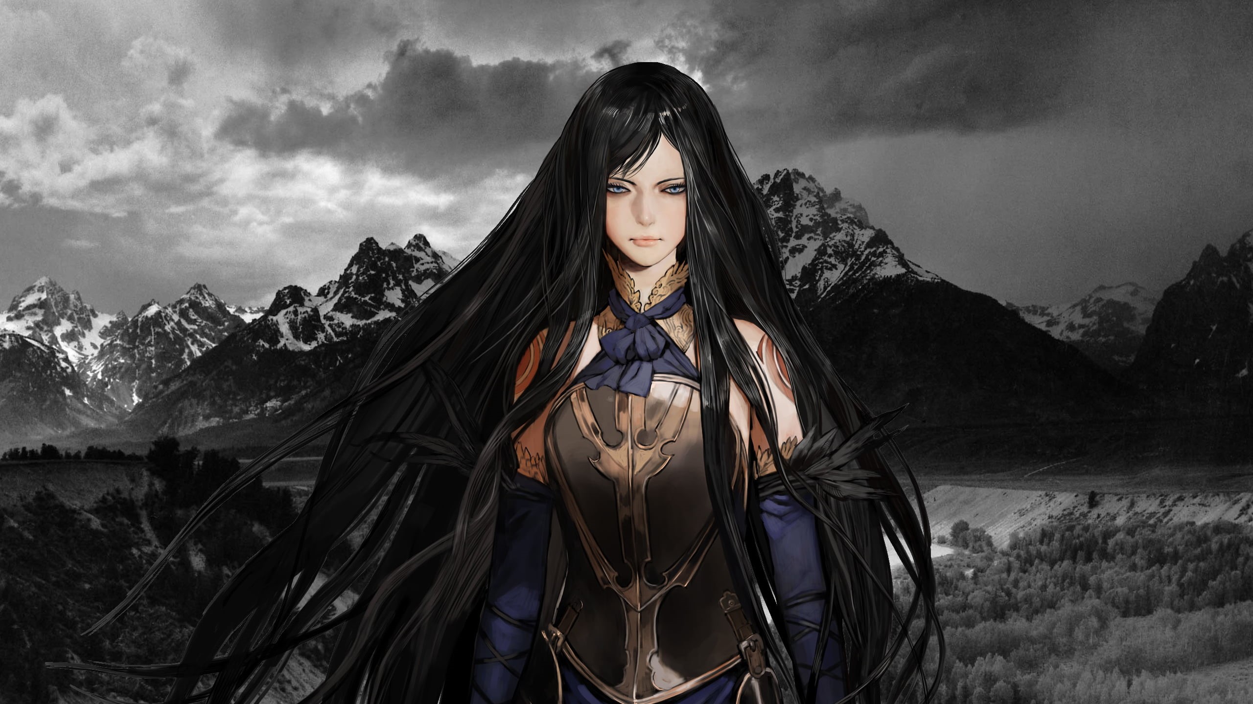 female, anime, adult, young women, nature, front view, video games, beauty in nature, leisure activity, outdoors, black, long hair, beautiful woman, mountain range, HD Wallpaper