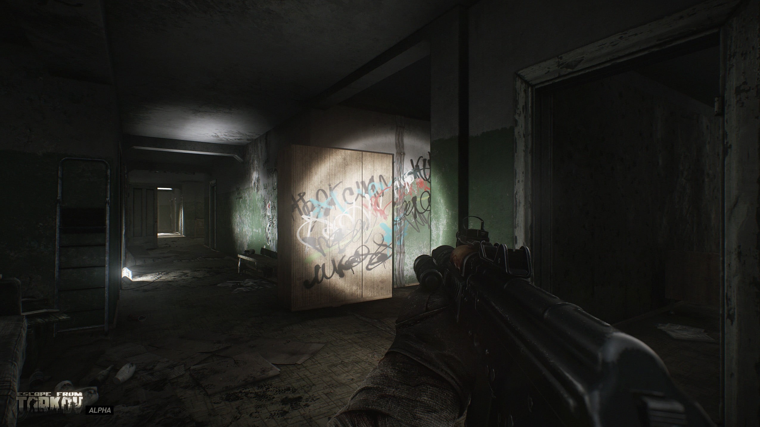 Escape from Tarkov, indoors, first-person shooter, graffiti, door, wall - building feature, video games, War Game, obsolete, abandoned, domestic room, entrance, HD Wallpaper
