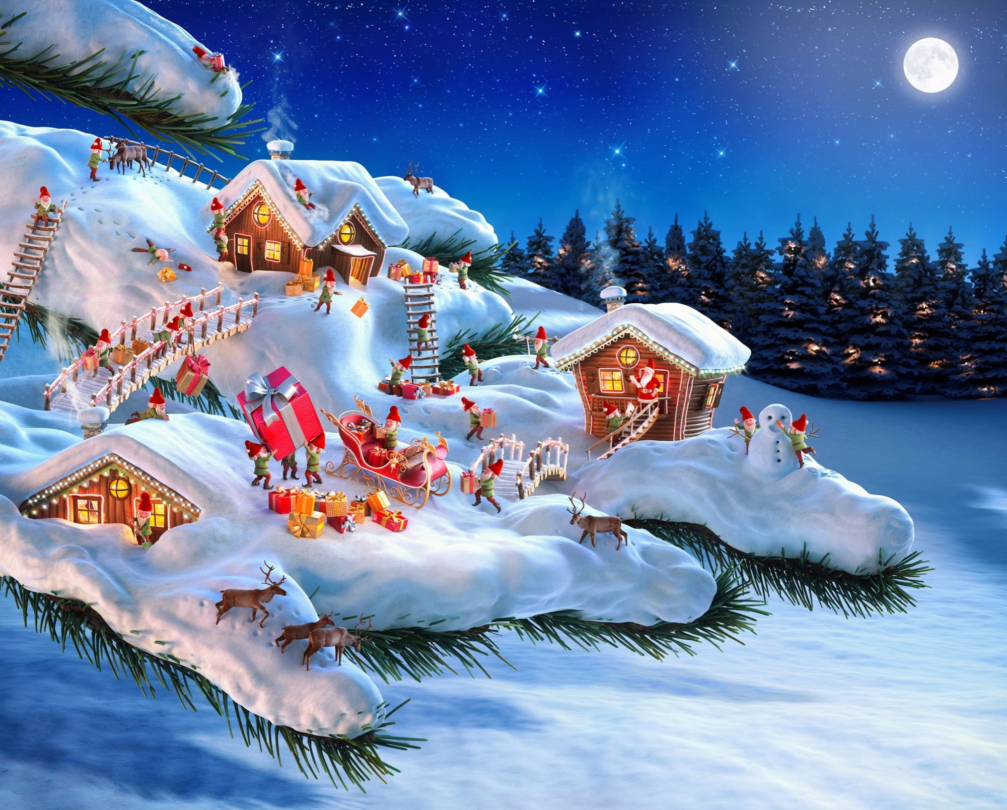 spirituality, 1080P, light - Natural Phenomenon, gifts, branch, forest, scenics, santa, december, cultures, house, dusk, nature, sleigh, white, illustration, HD Wallpaper