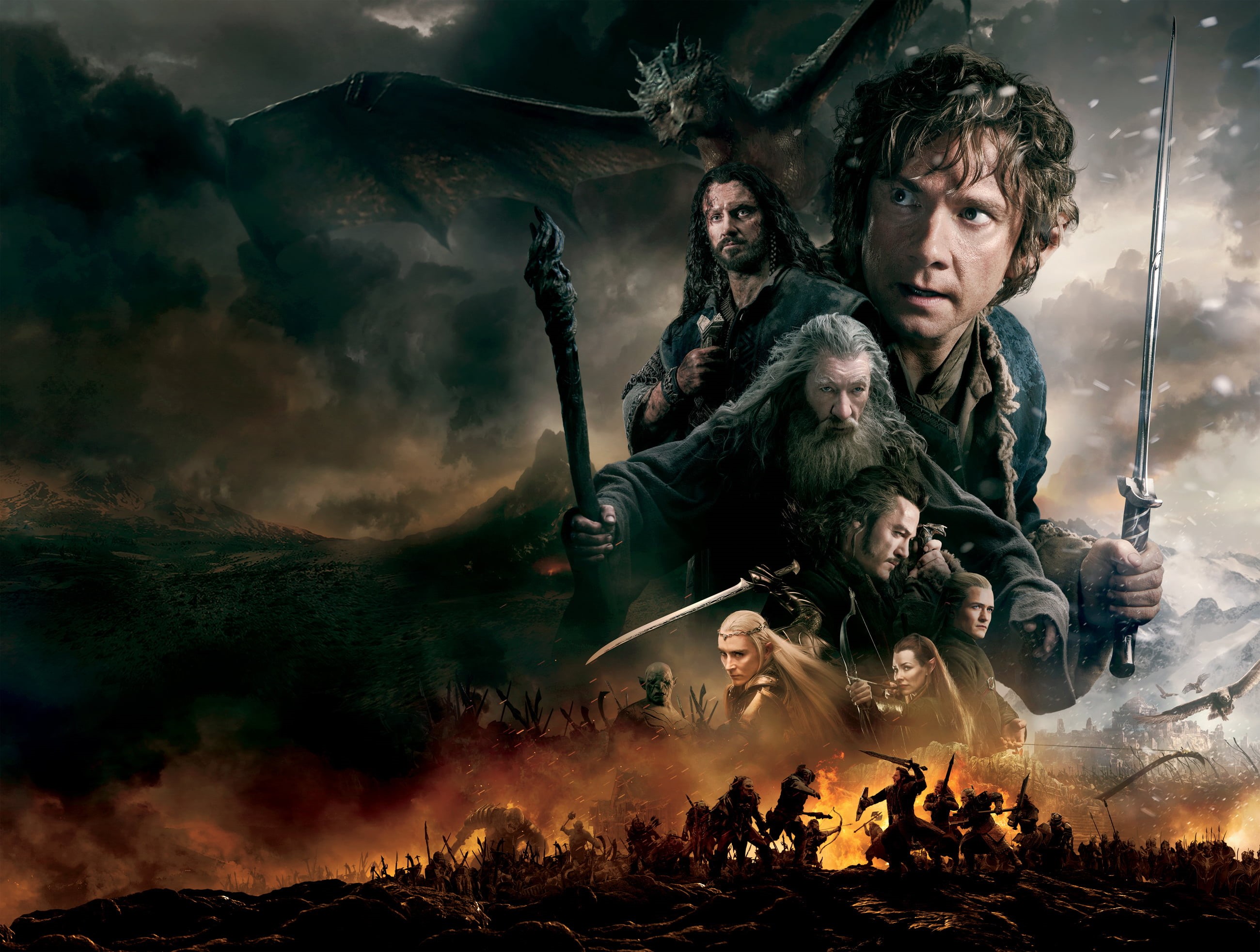 tree, emotion, elves, men, war, two people, dark, males, battle, aggression, outdoors, spirituality, real people, Bard, hell, fire, smoke, dwarves, Gandalf, HD Wallpaper