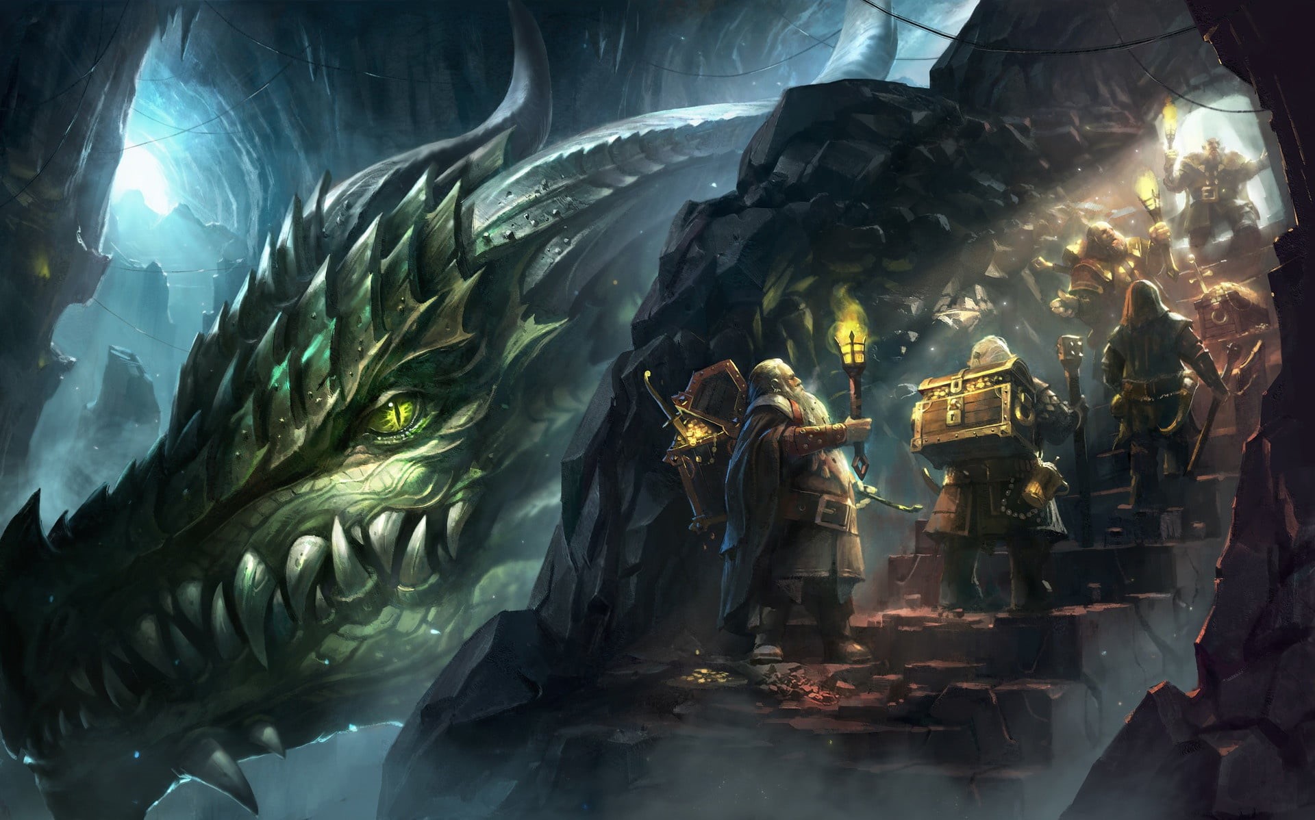 dragon, 1080P, gold, mountain, lineage_antharas, fantasy, art, torch, den, dwarves, Kim Sung Hwan, HD Wallpaper