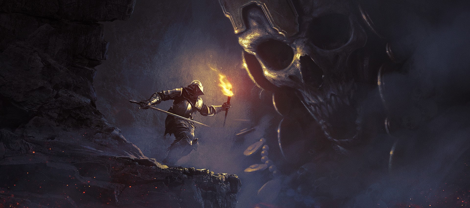 fantasy art, sword, medieval, 1080P, Daniel Jiménez Villalba, skull, knight, soldier, horror, warrior, giant, digital art, Dark Souls, dark fantasy, HD Wallpaper