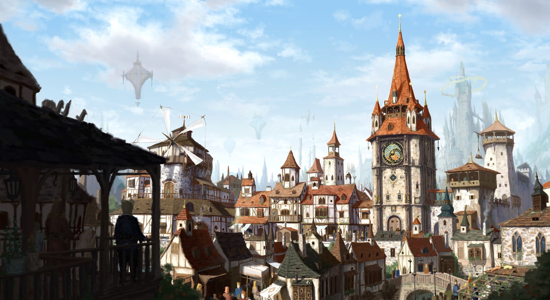city, 1080P, medieval, church, windmill, castle, fantasy art, HD Wallpaper