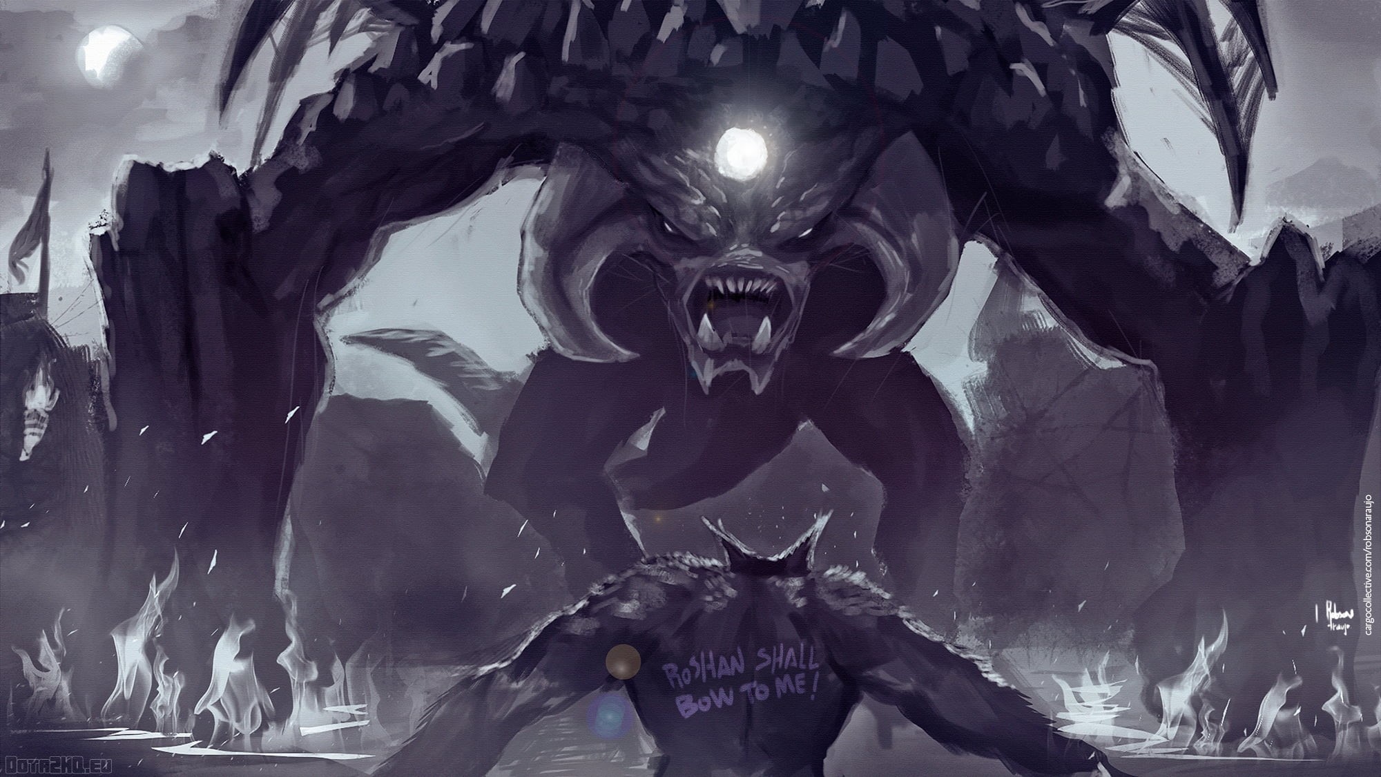 architecture, ursa, monster, nature, 1080P, male likeness, versus, dota 2, illuminated, craft, night, belief, religion, spooky, spirituality, roshan, backgrounds, HD Wallpaper