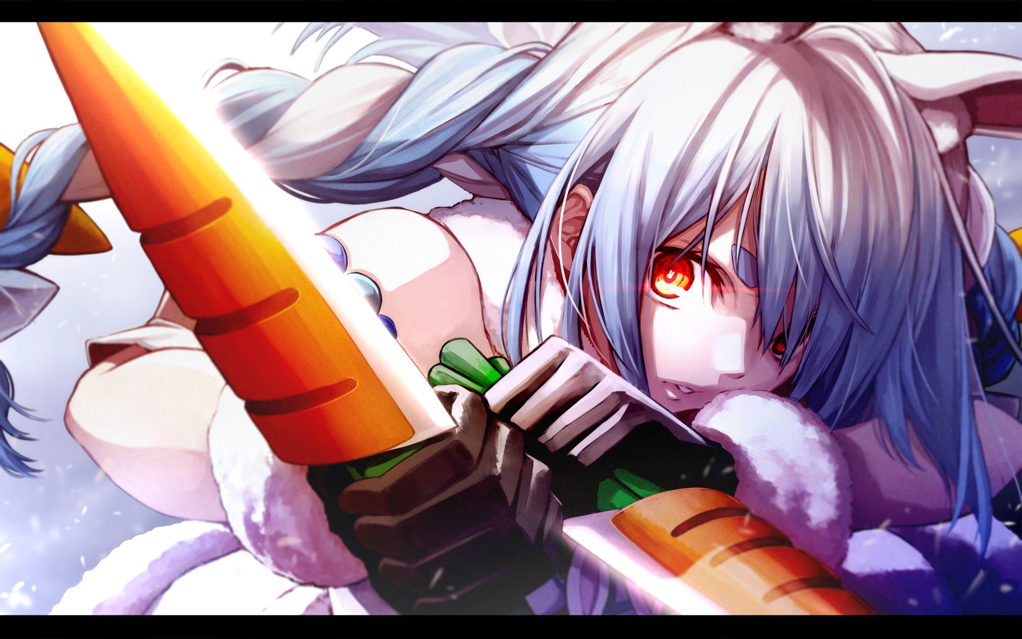 blue hair, Hololive, bunny ears, knives, anime, looking at viewer, 1080P, long hair, red eyes, Usada Pekora, anime girls, black gloves, HD Wallpaper