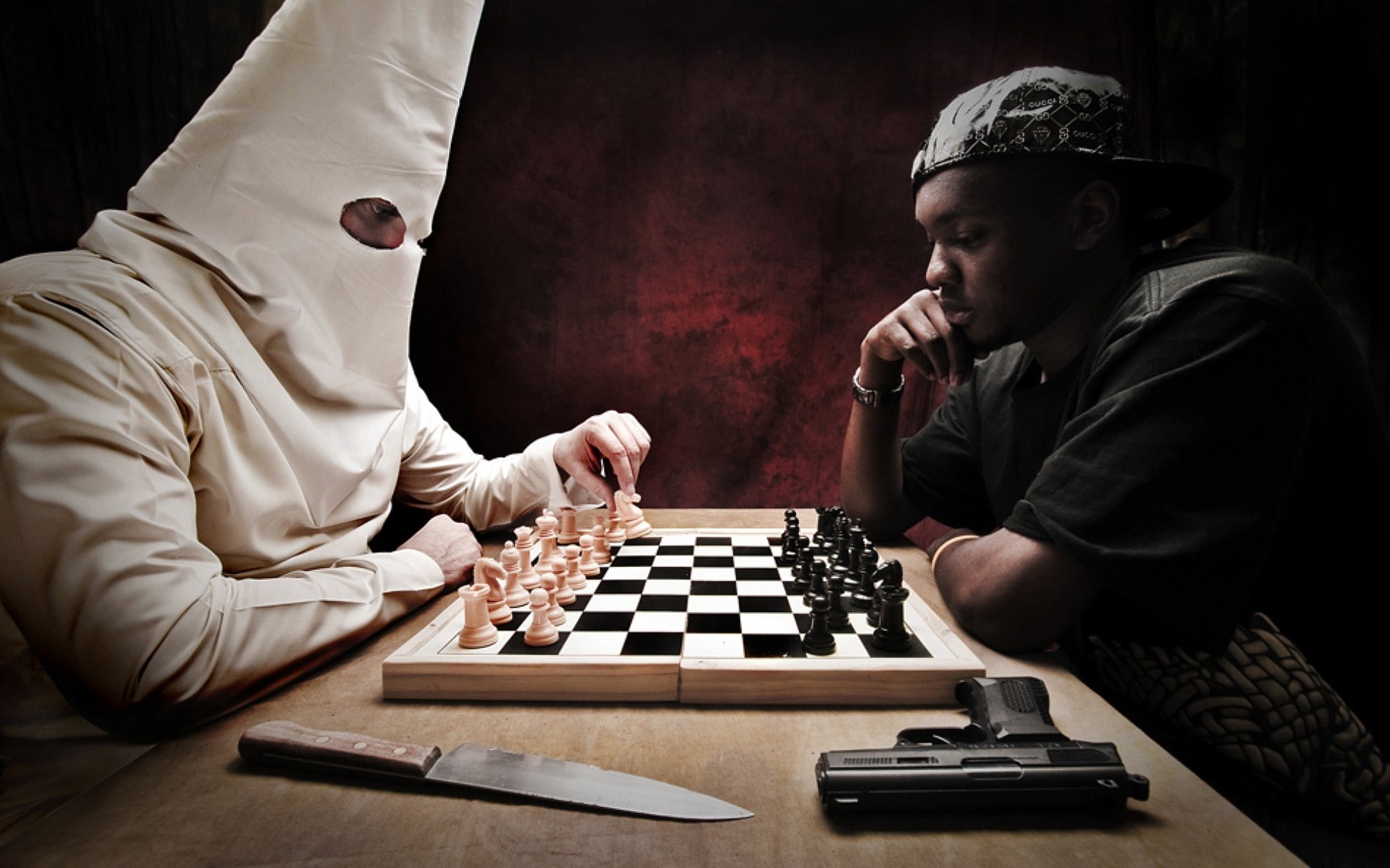 hd, black people, 1080P, art, people, x, black, ku, humor, knives, racism, chess, klux, handguns, klan, HD Wallpaper