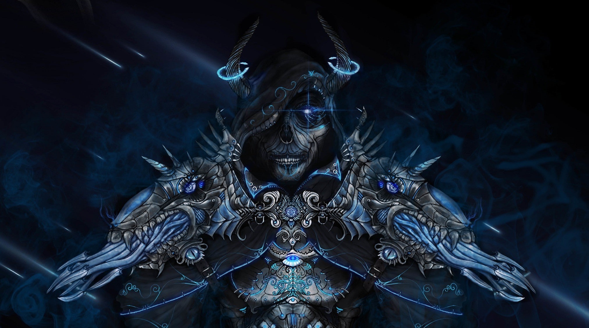 skull, 1080P, artwork, fantasy art, art, fantasy, light, horns, HD Wallpaper