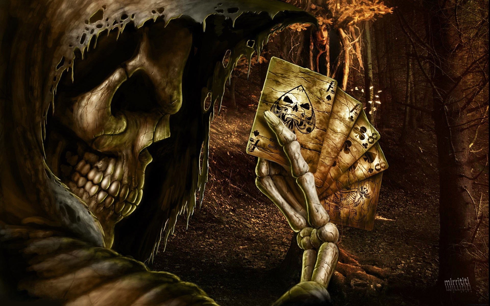 games, Dark, reaper, creepy, cards, spades, horror, 1080P, ace, grim, skull, Skeletons, poker, HD Wallpaper