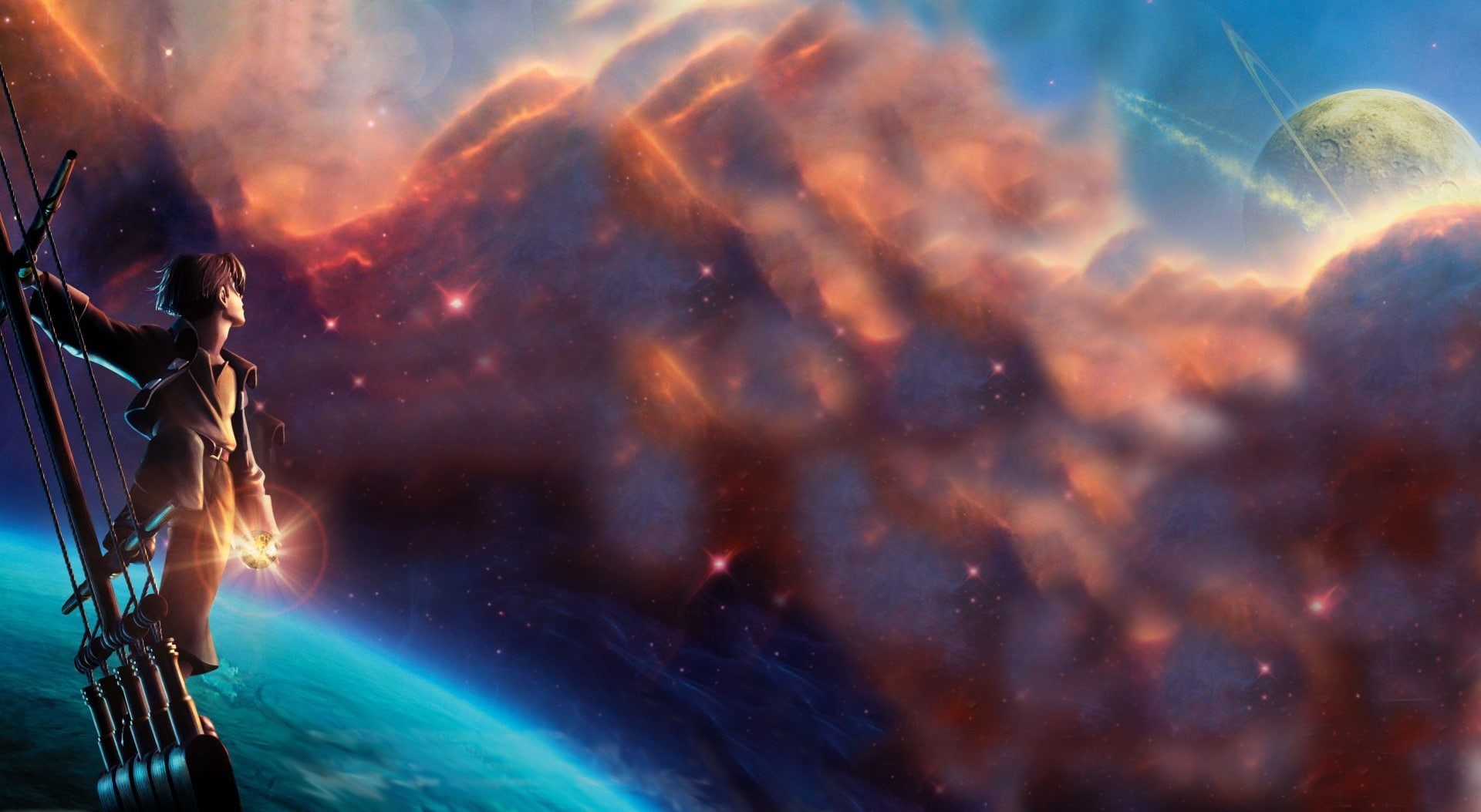 galaxy, motion, treasure planet, planet, fire - natural phenomenon, star - space, character, long exposure, outdoors, Cartoons, night, burning, sky, water, HD Wallpaper