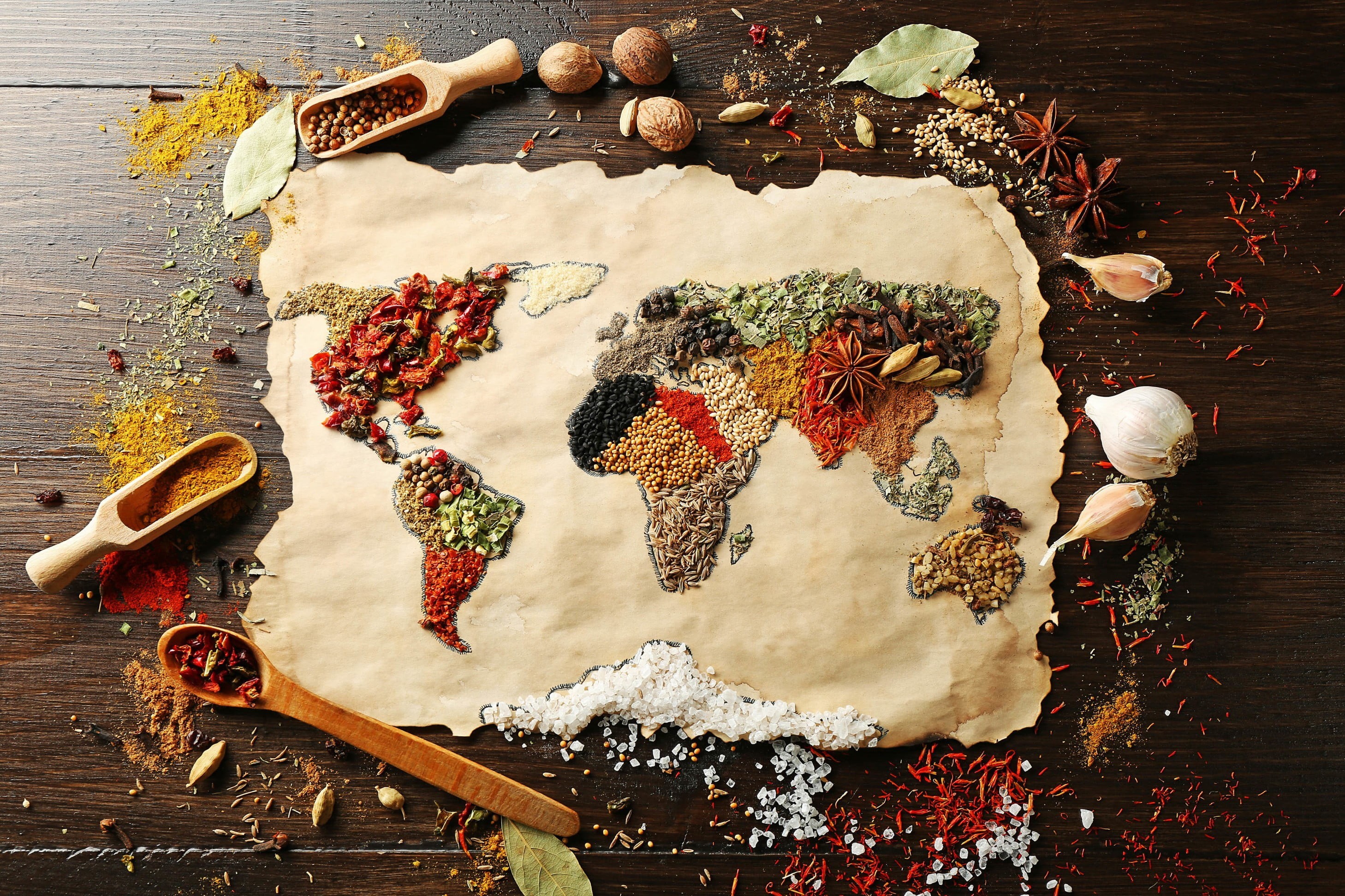 spice, indoors, food, map, high angle view, spicies, preparation, food and drink, table, art and craft, directly above, close-up, world, spices, still life, HD Wallpaper