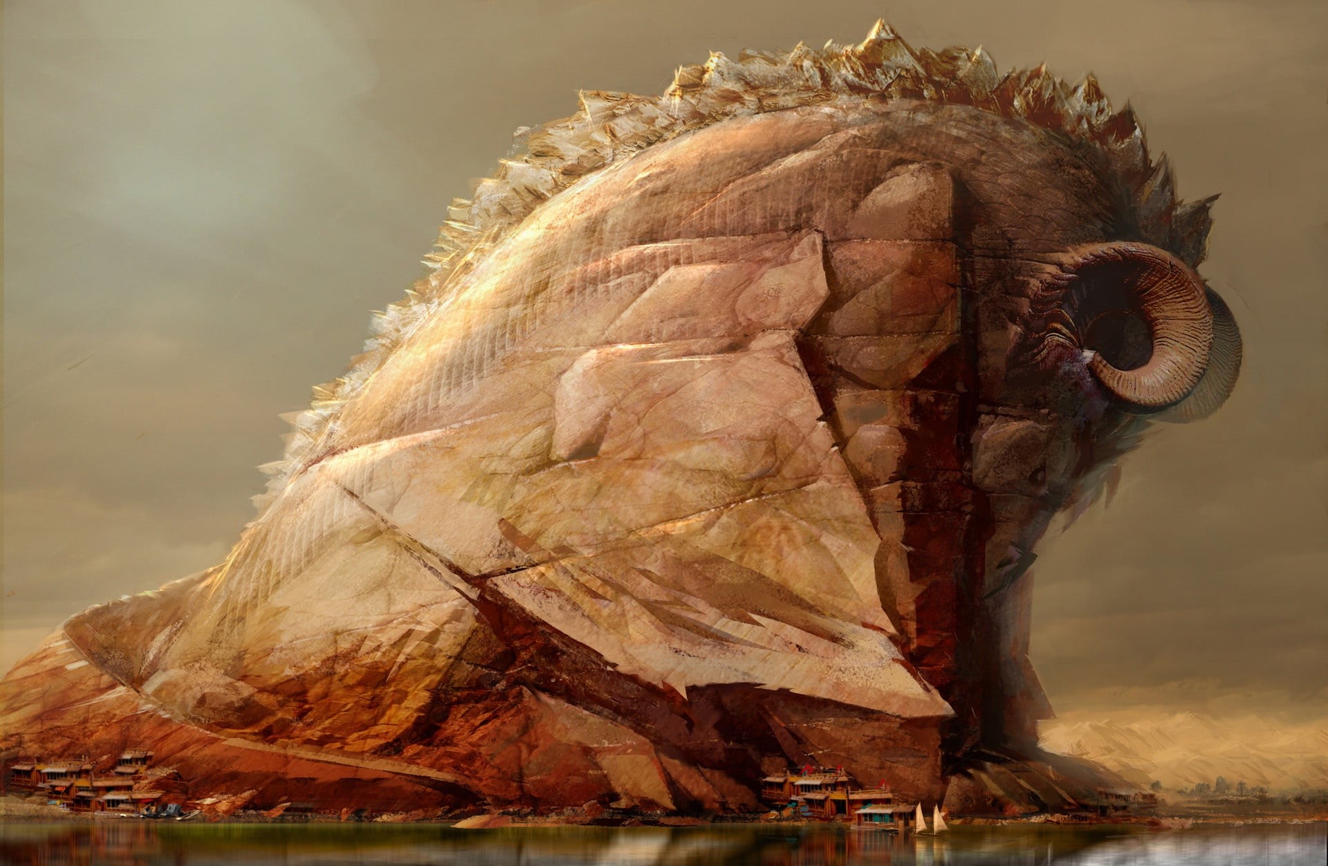 by Daniel Dociu, Mountain sheep, Art, Guild Wars, 1080P, Mountains, Fantasy, Daniel Dociu, Rock, Animal, Wold wonders, HD Wallpaper