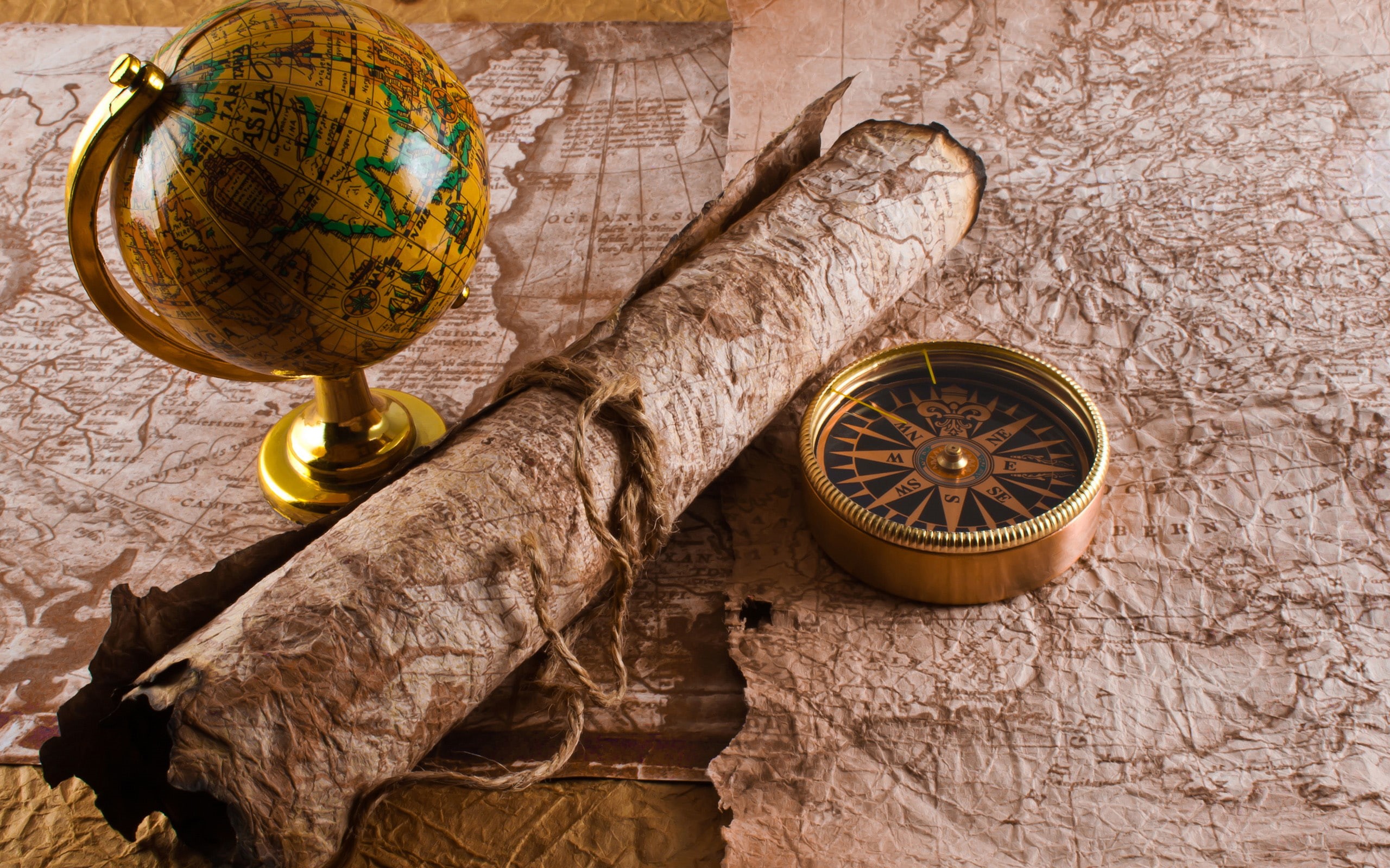 maps, 2K, map, brown, green, beige, others, desk, gold, compass, globe, black, HD Wallpaper