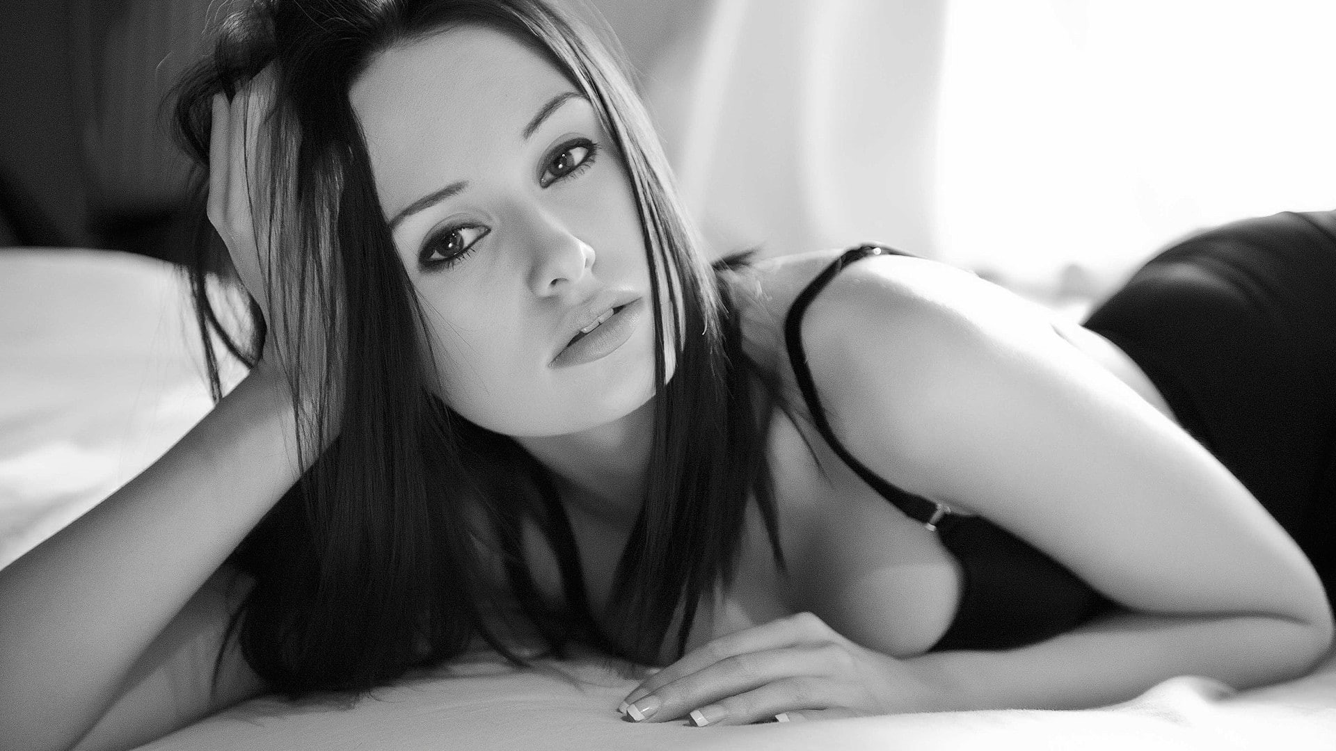 1080P, white, black and white, black, lying, girl, HD Wallpaper