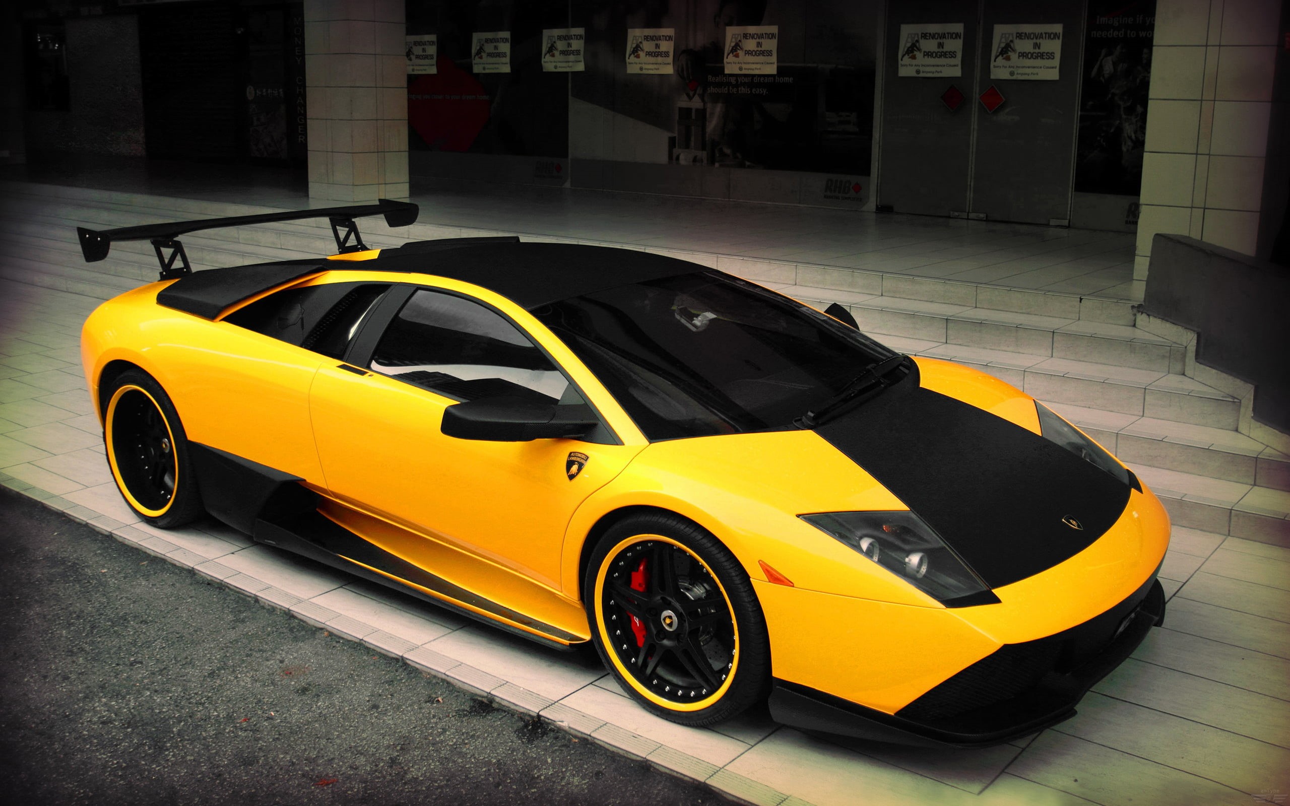black, street, Lamborghini Murcielago, building exterior, motion, yellow, outdoors, yellow taxi, city, transportation, wheel, car, road, vehicle, yellow cars, HD Wallpaper
