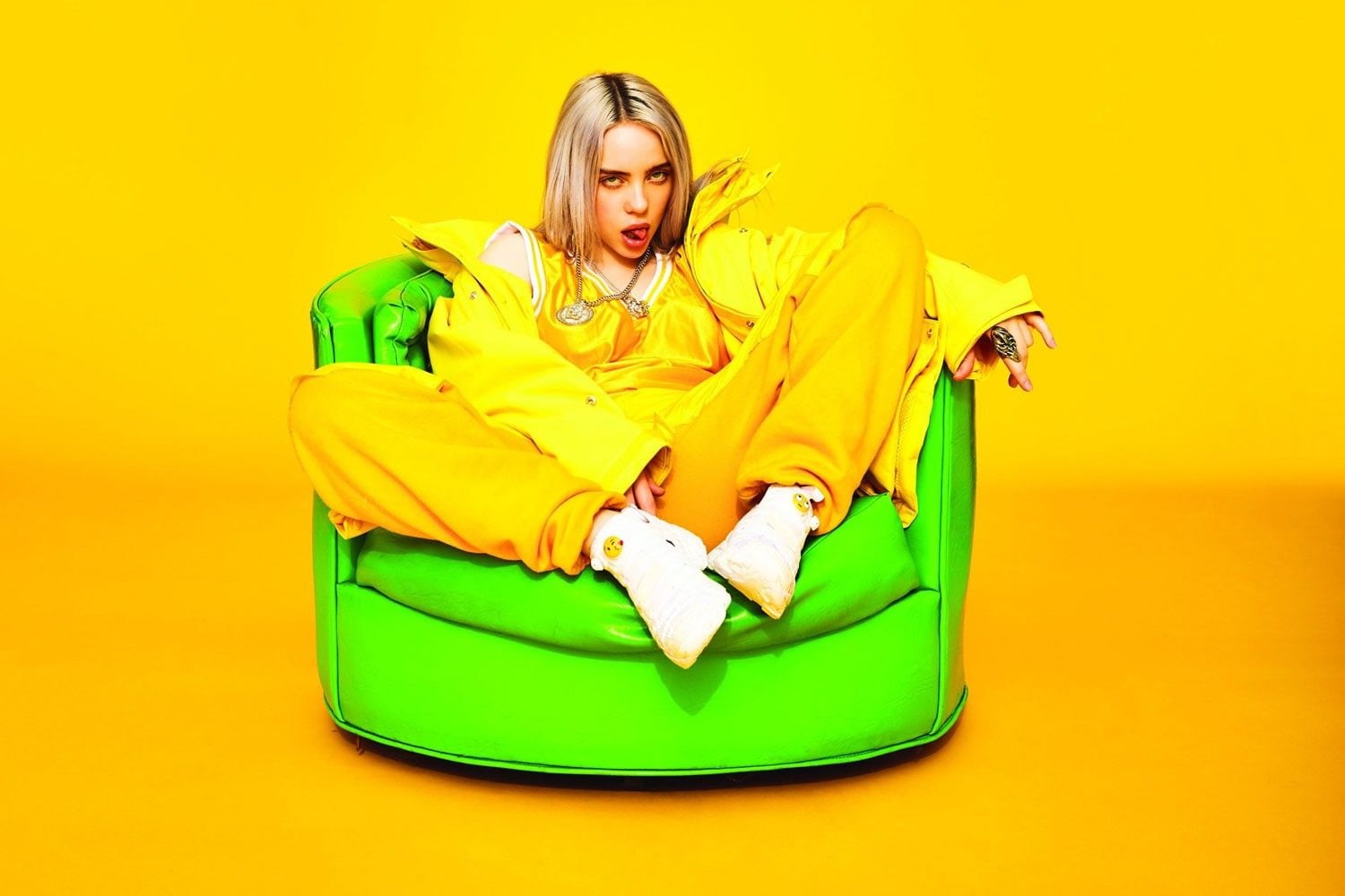 singer, Billie Eilish, tongue out, 720P, women, yellow background, HD Wallpaper