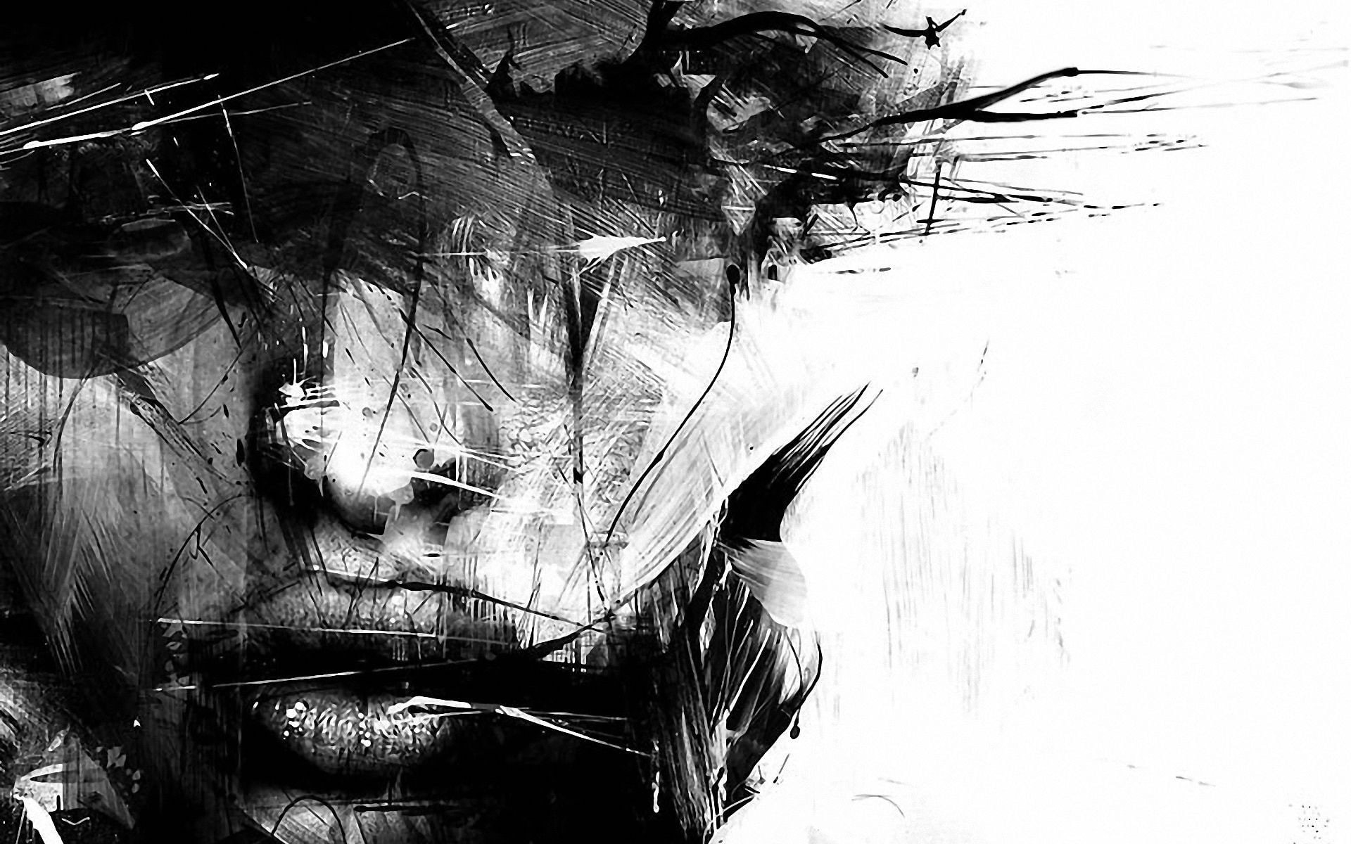 painting, monochrome, splashes, CGI, artwork, white background, lips, face, 1080P, digital art, women, HD Wallpaper
