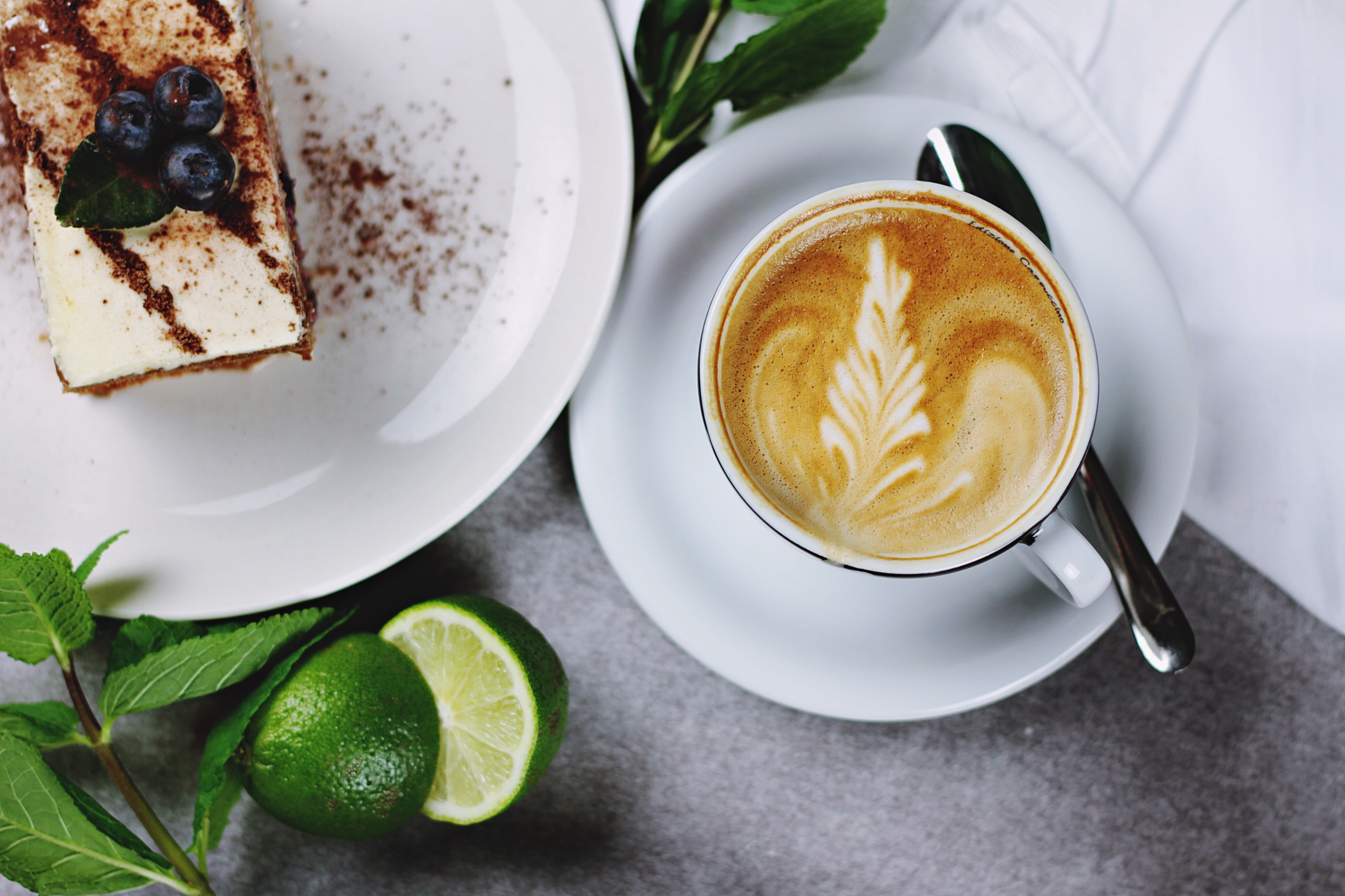 coffee - drink, lemons, cup, spoons, drink, latte, food and drink, saucer, high angle view, ceramic, 5K, coffee cup, fruit, cake, coffee, plant part, still life, HD Wallpaper