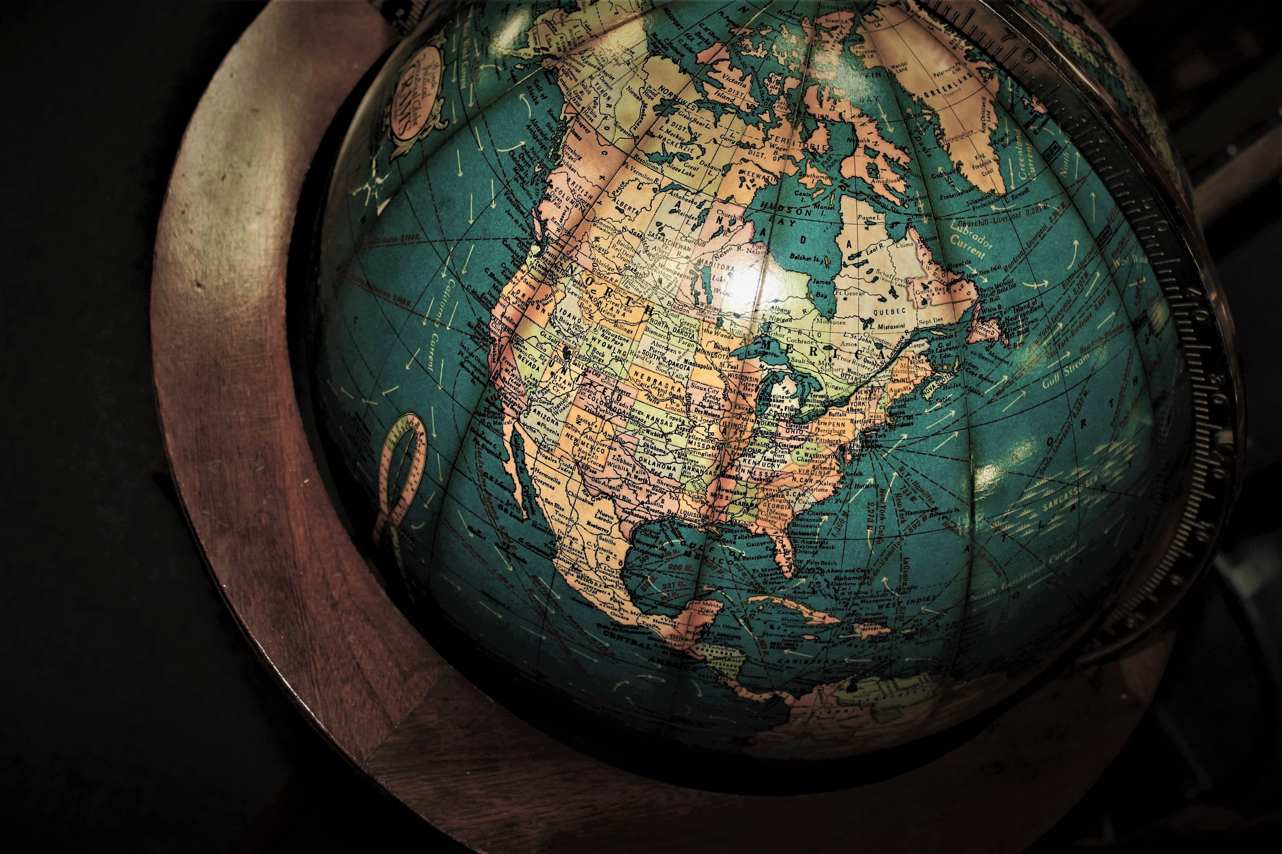 metal, amber avalona, shape, planet earth, lighting equipment, blue, brown, sphere, antique globe, cylinder, united states map, continent, wine cask, no people, HD Wallpaper