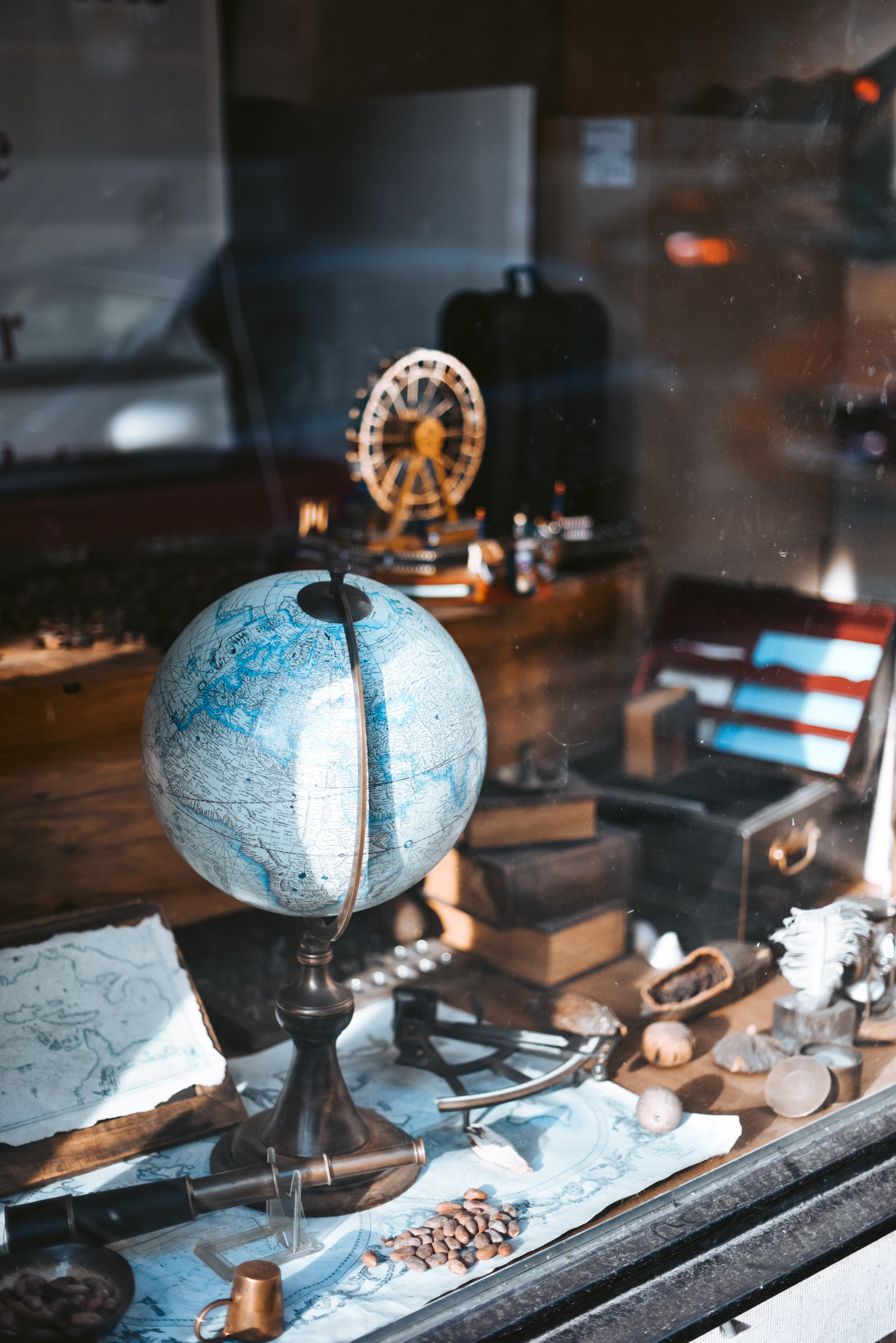 globe, old, business, photography, map, kitchen utensil, lighting equipment, industry, store display, focus, container, table, wood, blue, desk, wooden, Phone HD Wallpaper