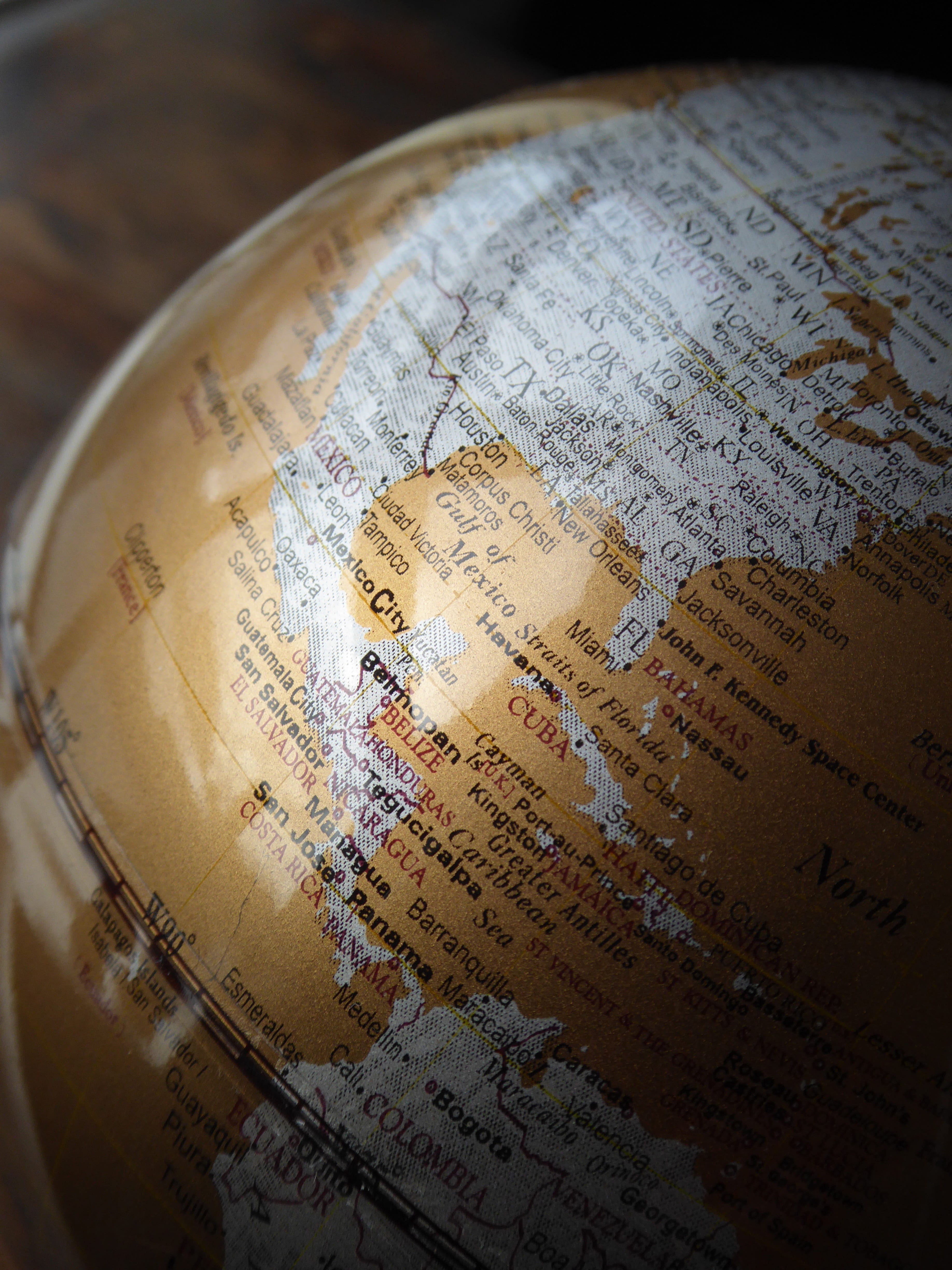 atlantic, world map, globe, publication, selective focus, western script, globe - man made object, global, countries, physical geography, 4K, indoors, Phone HD Wallpaper