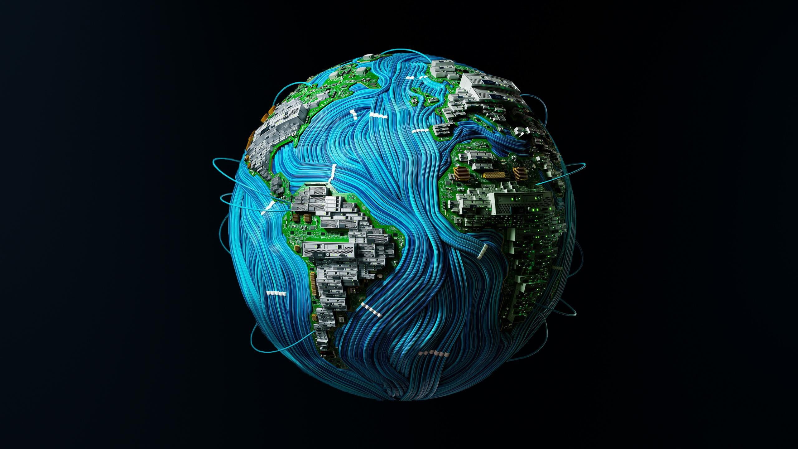 continents, atlantic ocean, circuit boards, 2K, artwork, Earth, PCB, wires, circuit, 3D, HD Wallpaper