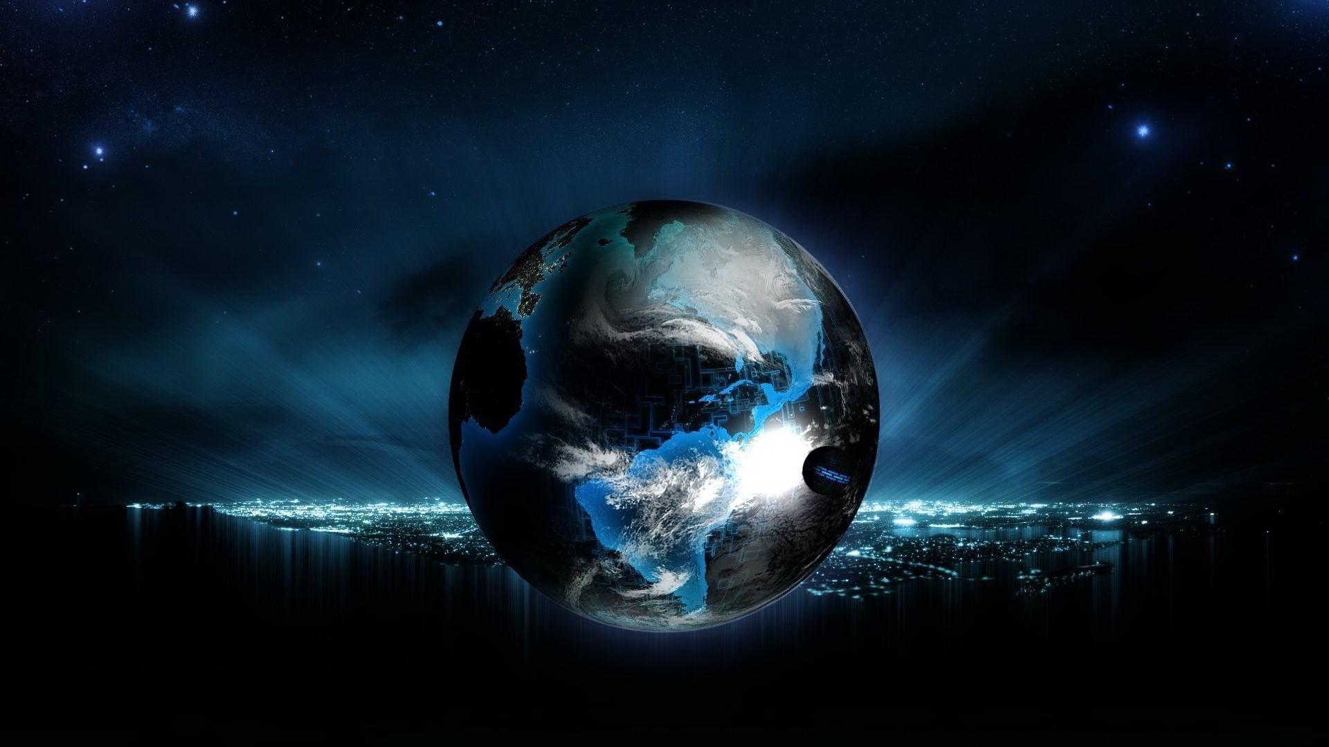 planet earth, sphere, space, lights, digital art, light - natural phenomenon, futuristic, globe - man made object, night, sky, no people, stars, 1080P, HD Wallpaper