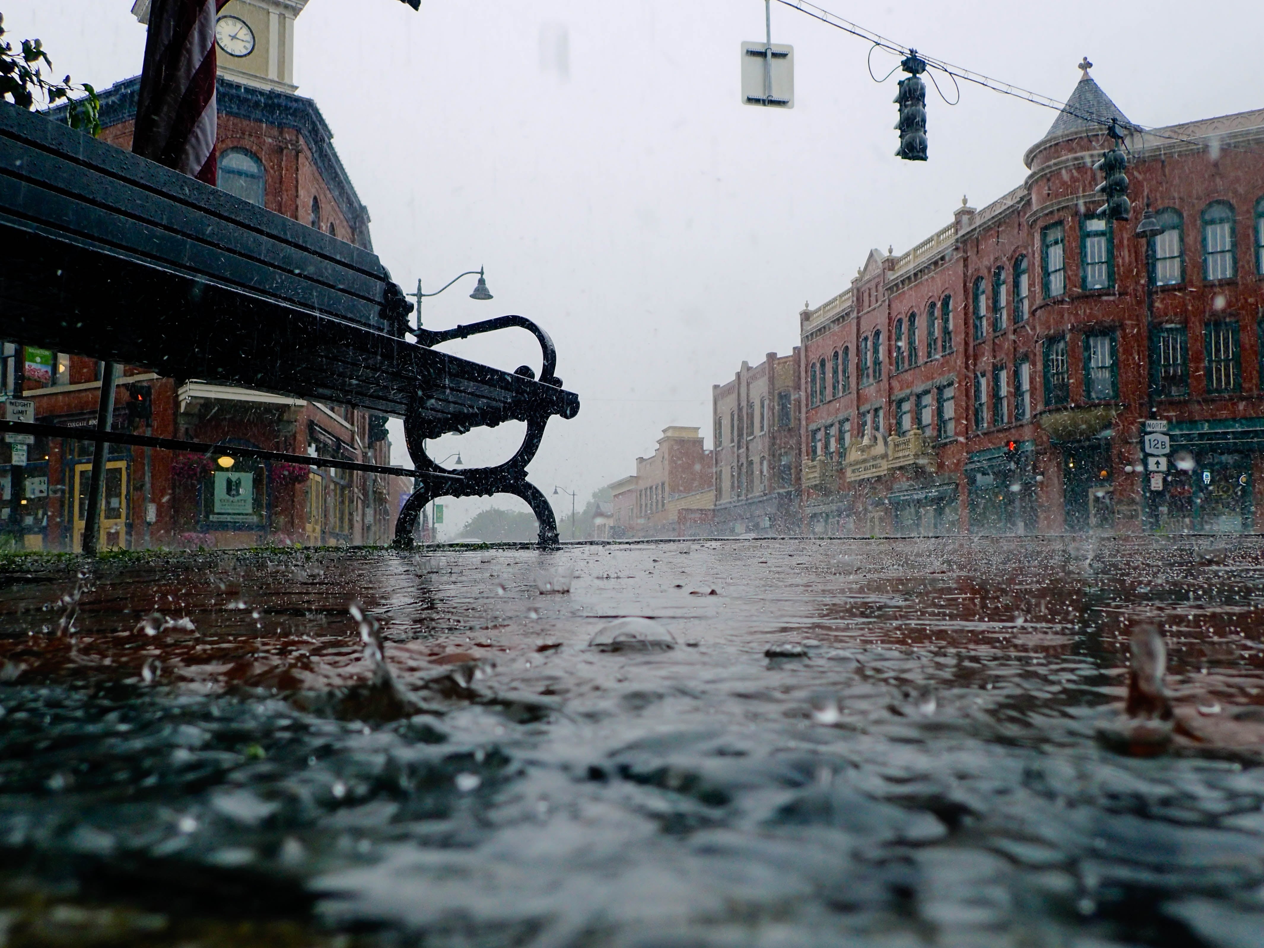 black, Rainy day, street, architecture, city, Hamilton  New York, Guy, urban Scene, United States, TG4, low, wooden bench, Thiophene, 4K, WORKS, Olympus Tough TG-4, HD Wallpaper