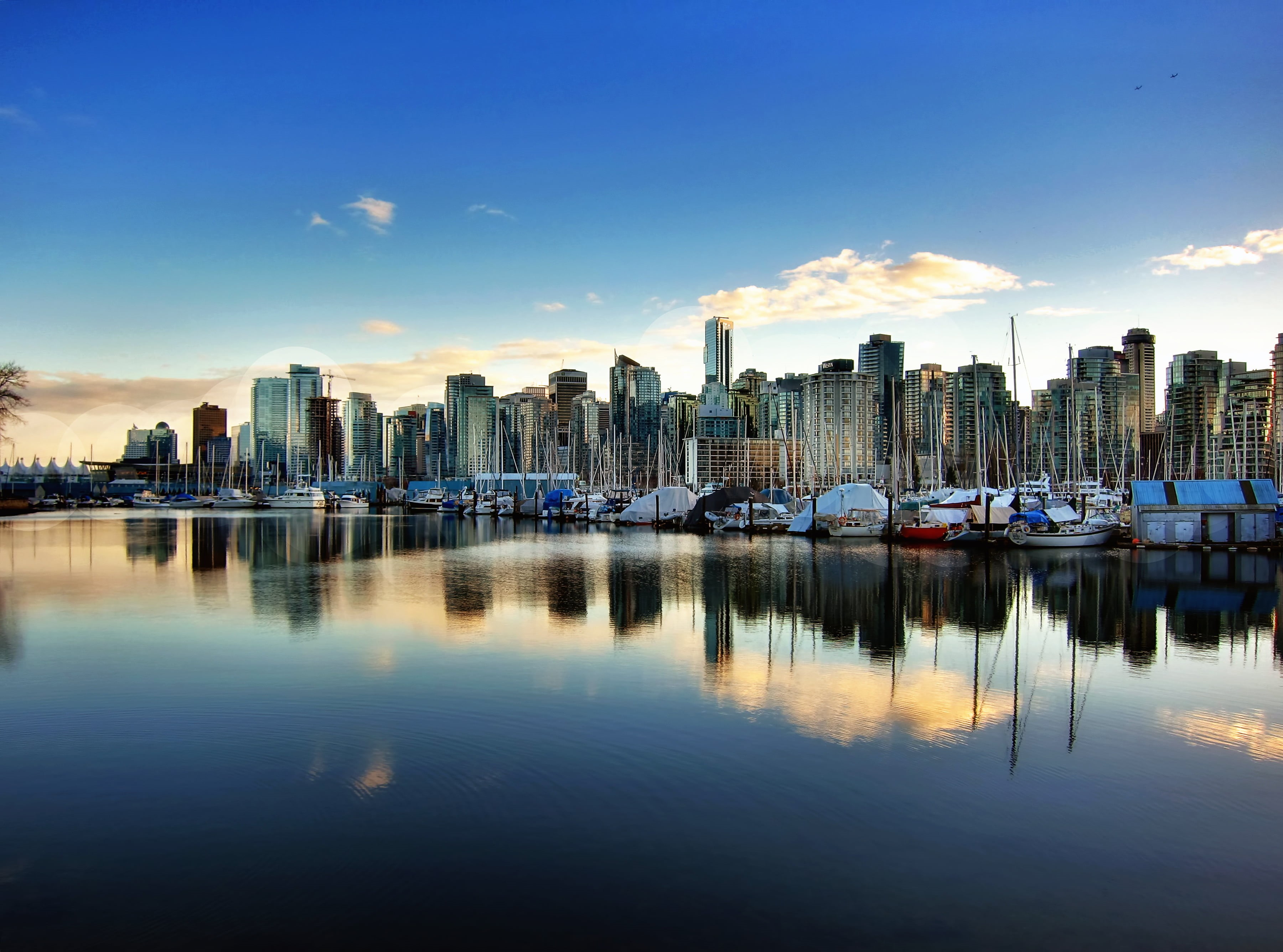 reflection, harbor, downtown District, architecture, urban Scene, beside, vancouver, cityscape, dusk, famous Place, 2K, lotusland, sunset, panoramic view, HD Wallpaper