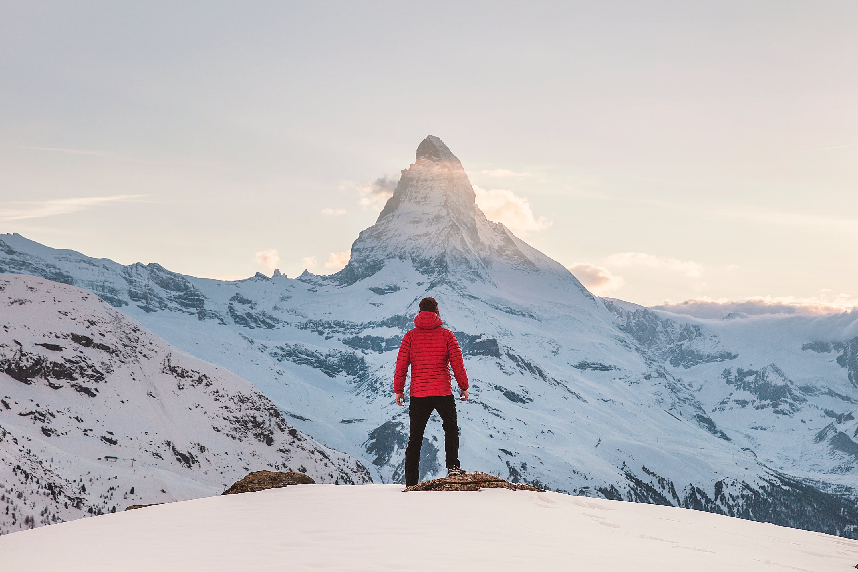 standing, cloud, clothing, beauty in nature, landscape, mountain range, alone, one person, man, ridge, view, adventure, leisure activity, snowcapped mountain, HD Wallpaper