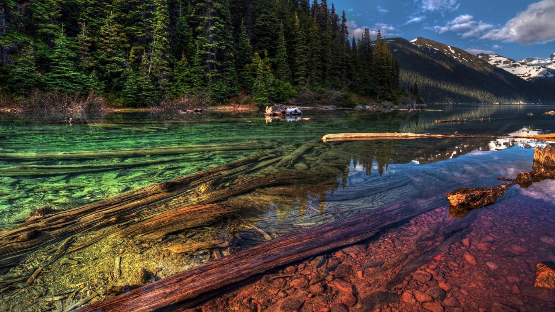 nature, growth, 1080P, tranquility, north america, cloud - sky, no people, canada, outdoors, lake, crystal clear, non-urban scene, plant, wilderness, garibaldi lake, HD Wallpaper