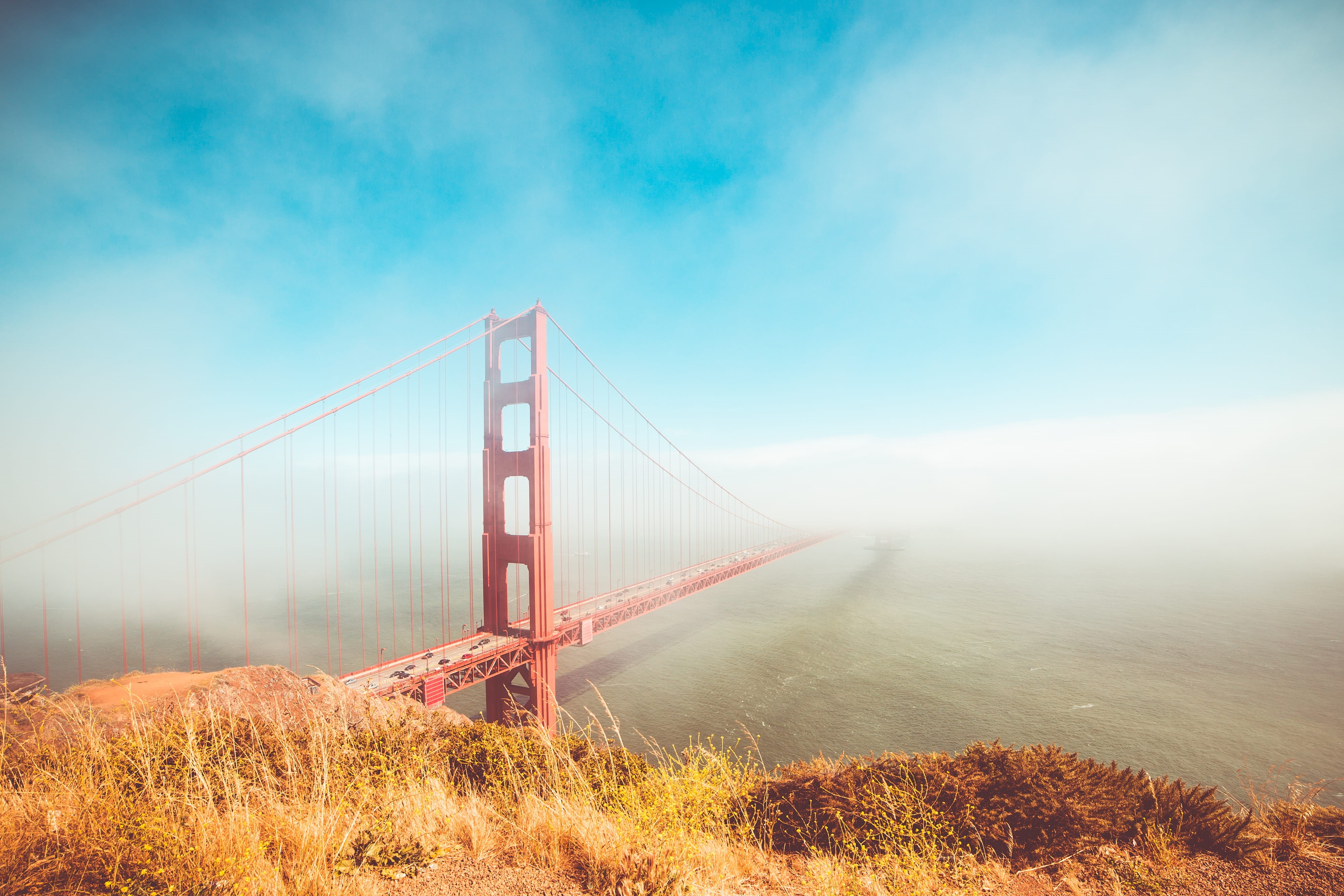 no People, transportation, driving, travel destinations, grass, suspension Bridge, highway, connection, Golden Gate Bridge, sunset, blue, water, cloud - sky, HD Wallpaper