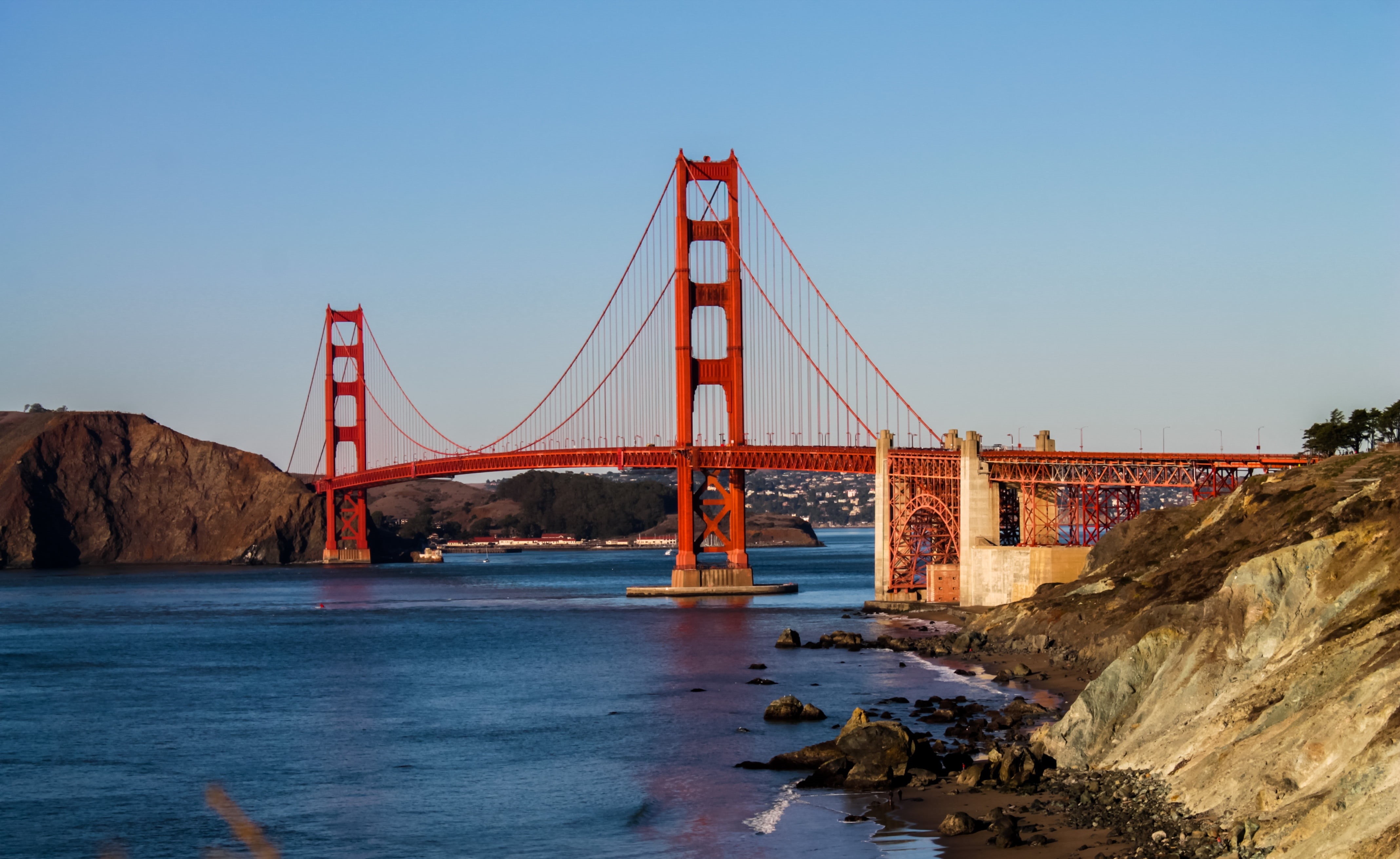 transportation, photo, sf, structure, blue, bay, golden, red, famous, cityscape, pacific, steel, skyline, landmark, cable, america, attraction, usa, sea, HD Wallpaper