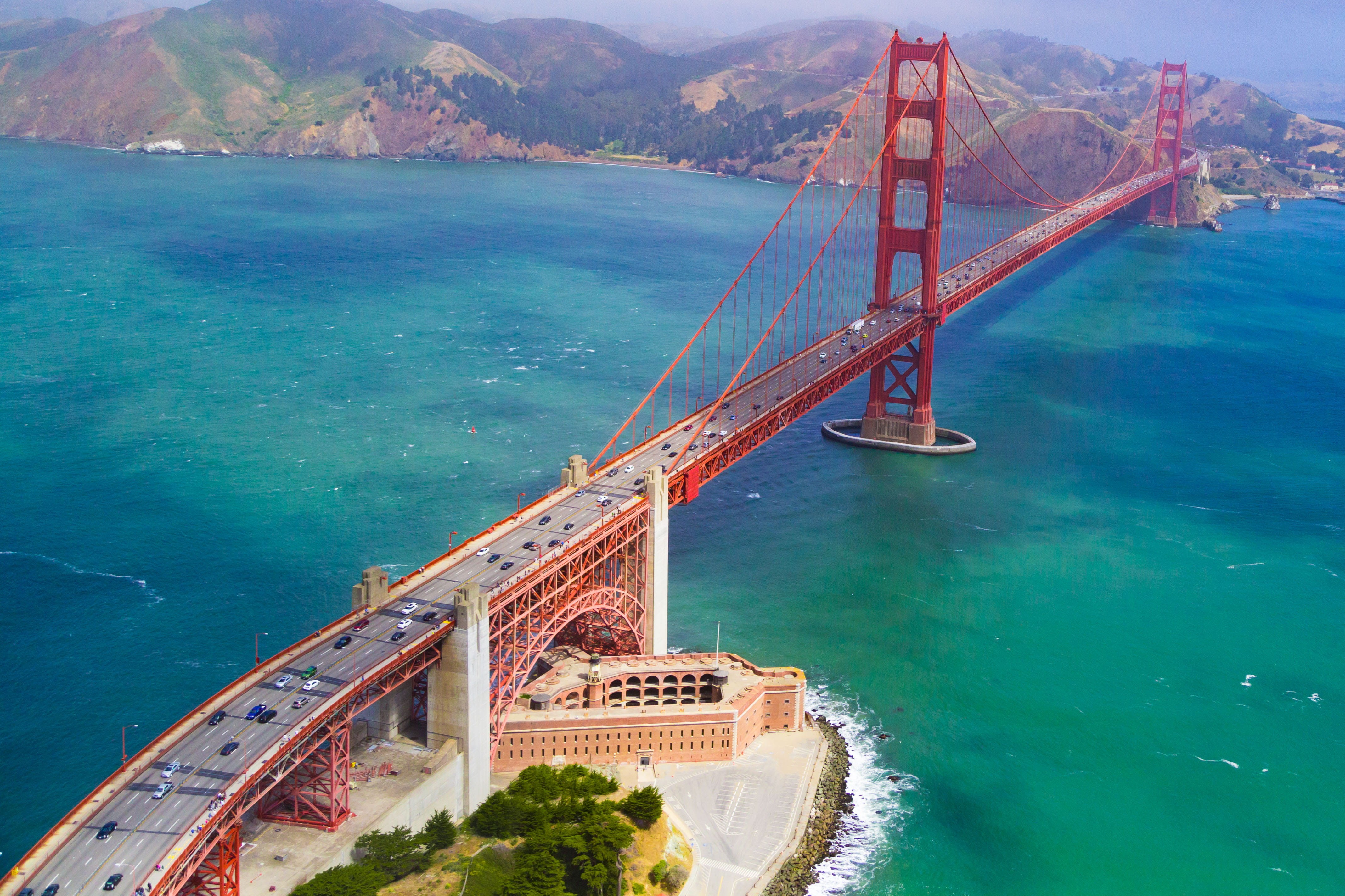 high angle view, 4K, no people, transportation, golden, cityscape, mode of transportation, mountain, outdoors, golden Gate Bridge, nature, sea, suspension Bridge, HD Wallpaper